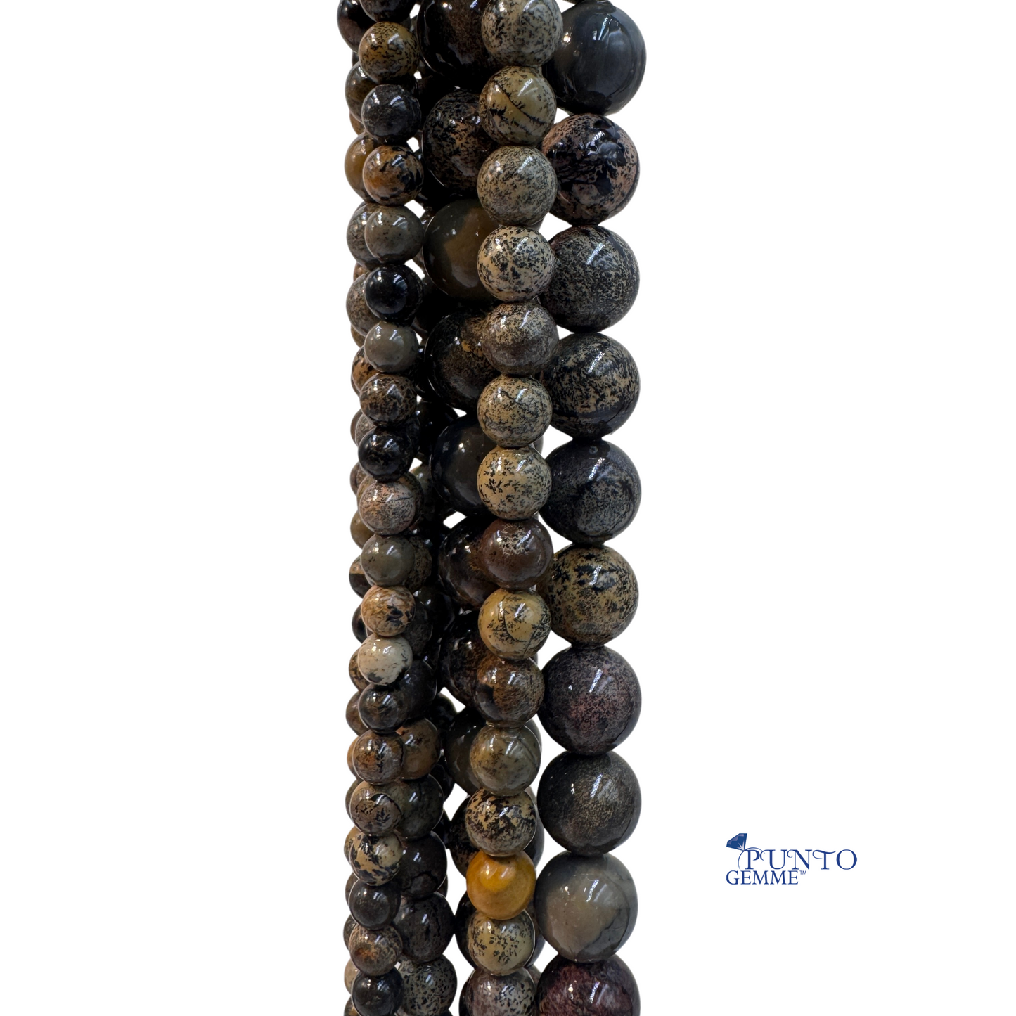 Diaspro Artic perle tonde lisce 12mm, primo piano su venature grigie e beige.