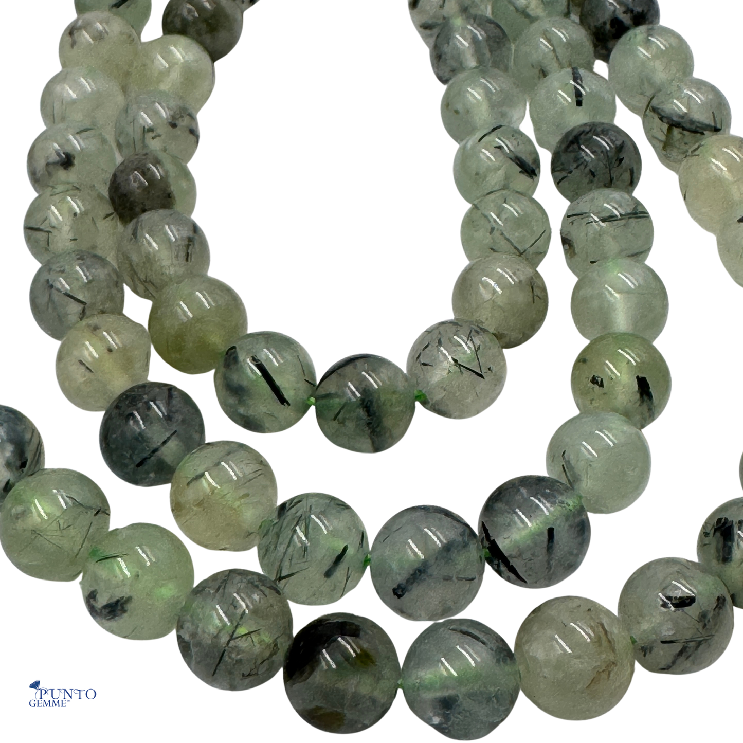 Filo di perle sferiche lisce di Prehnite naturale da 8 mm, con la caratteristica colorazione verde mela traslucida.