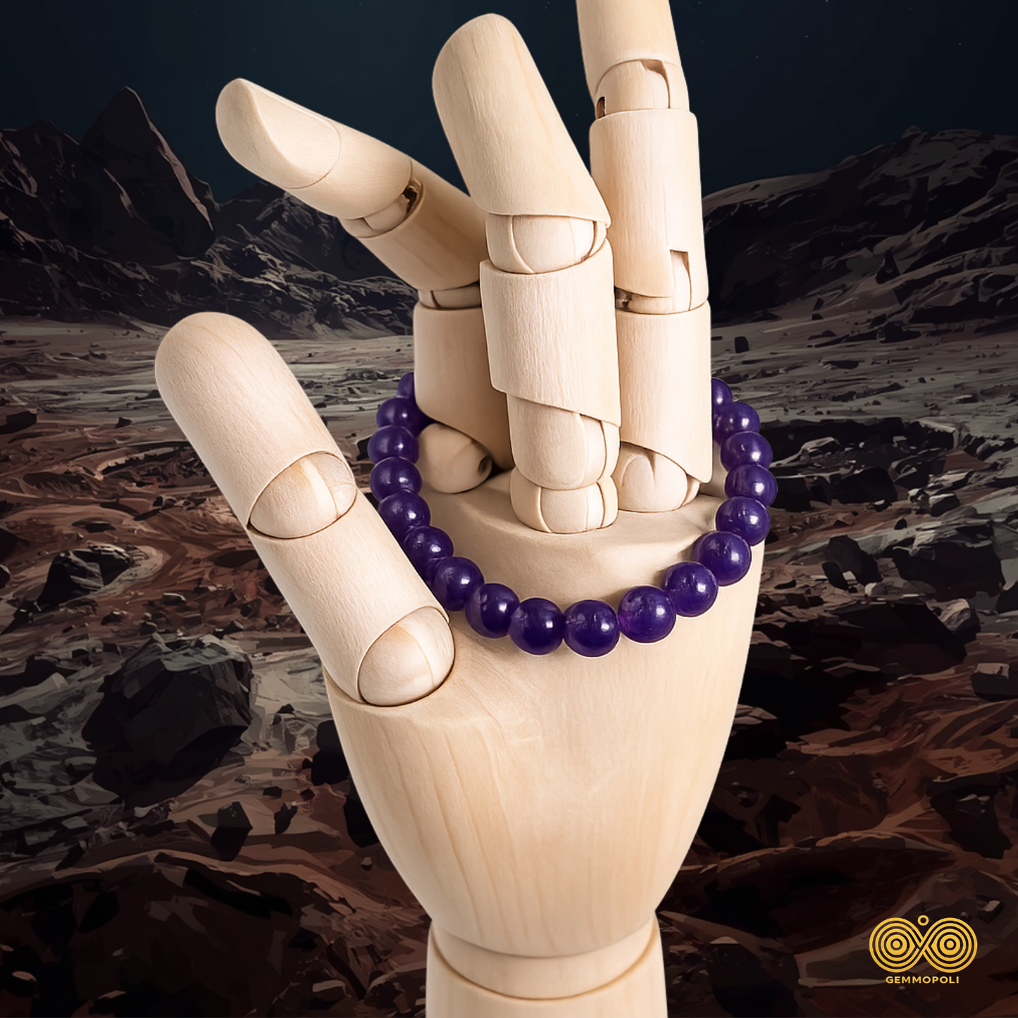 Bracciale Gemmopoli in Ametista Naturale Viola 6 mm vista su mano legno lunare