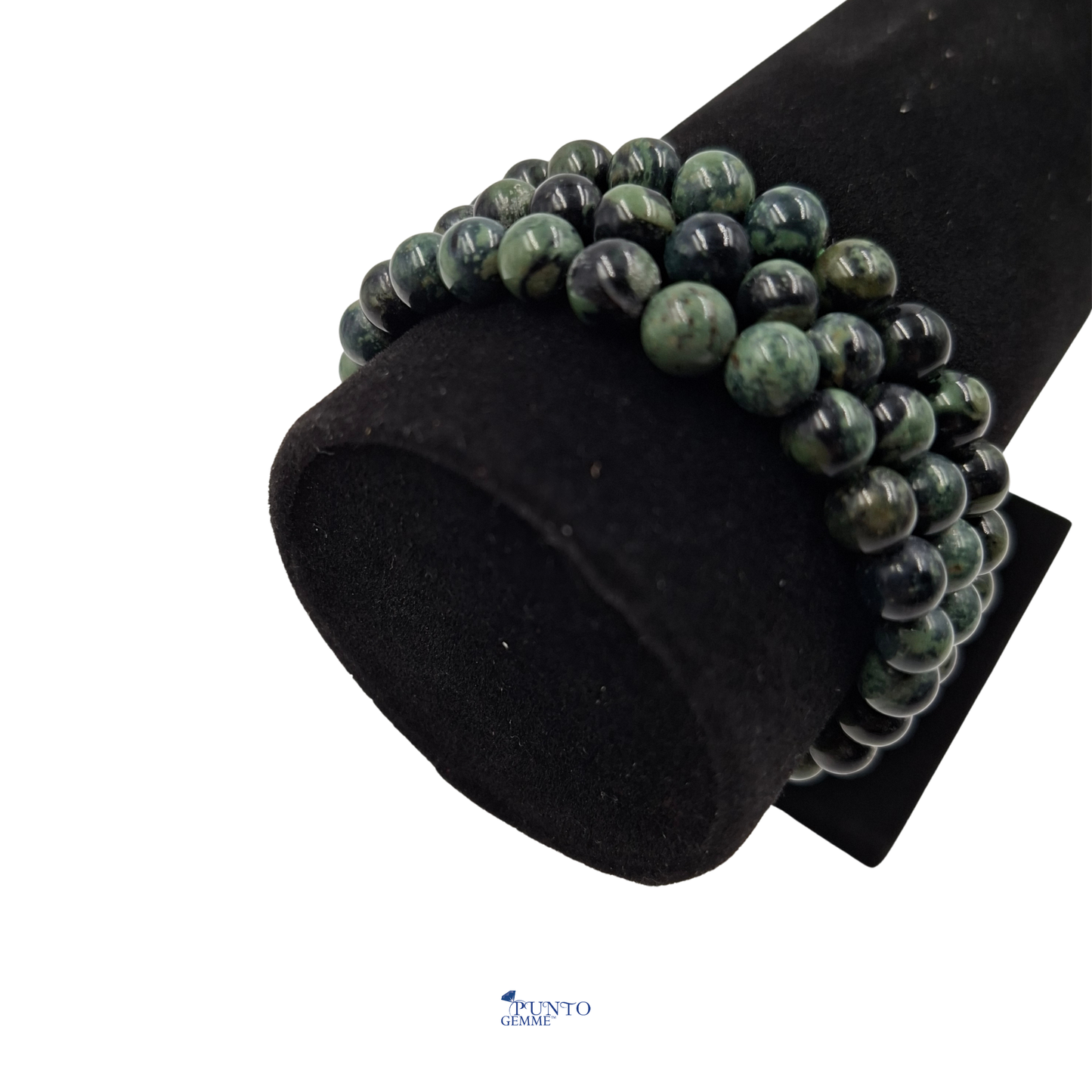 Scatto del bracciale elastico Diaspro Kambaba arrotolato su sé stesso, che ne evidenzia la finitura liscia.