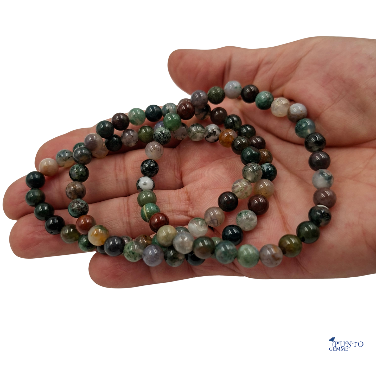 Dettaglio ravvicinato delle perle di Agata Indiana, che mostrano le sfumature di colore e le venature tipiche del Quarzo Indiano.