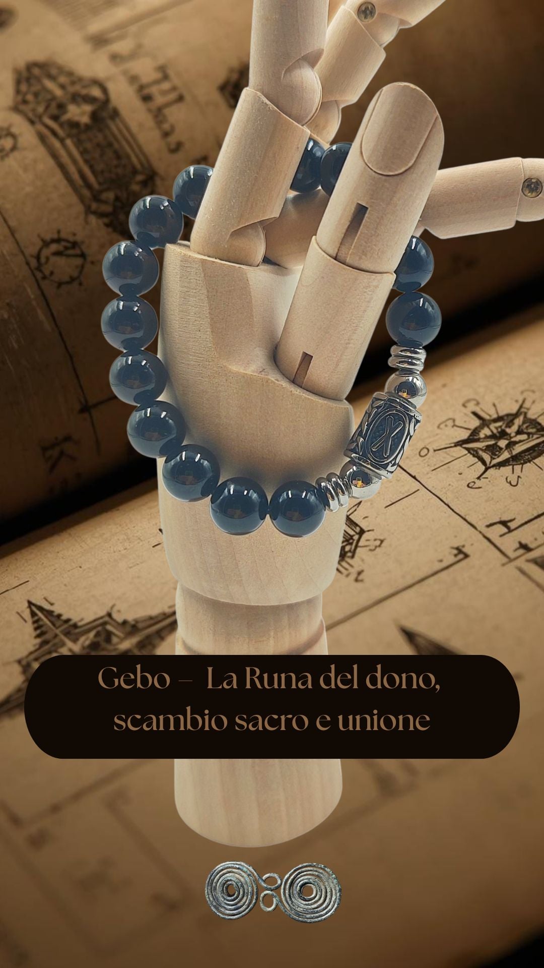 Bracciale Pietra Aurea PE8047 Runa Gebo e Tormalina Nera , collezzione rune gemmopoli
