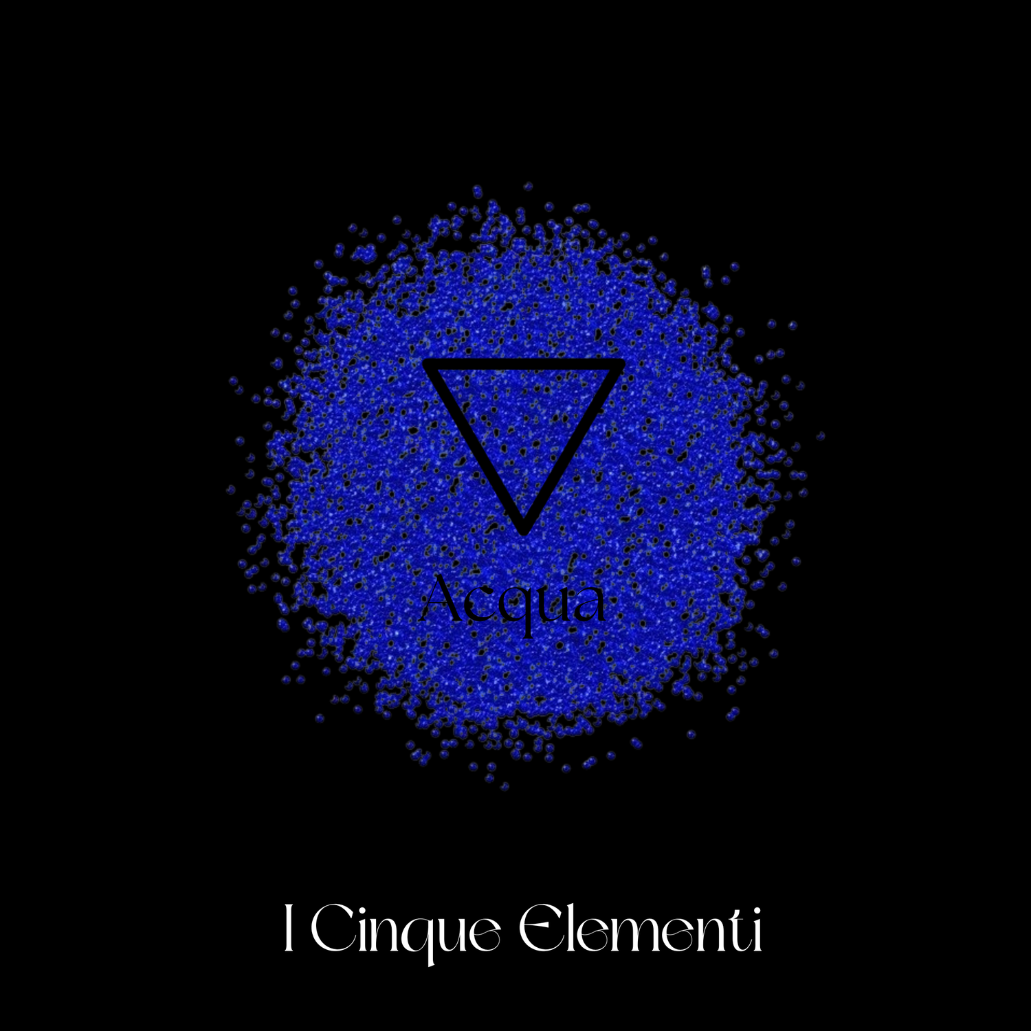Simbolo alchemico dell'Acqua (triangolo rovesciato) su sfondo azzurro, raffigurante fluidità, emozioni e il principio di dissoluzione.