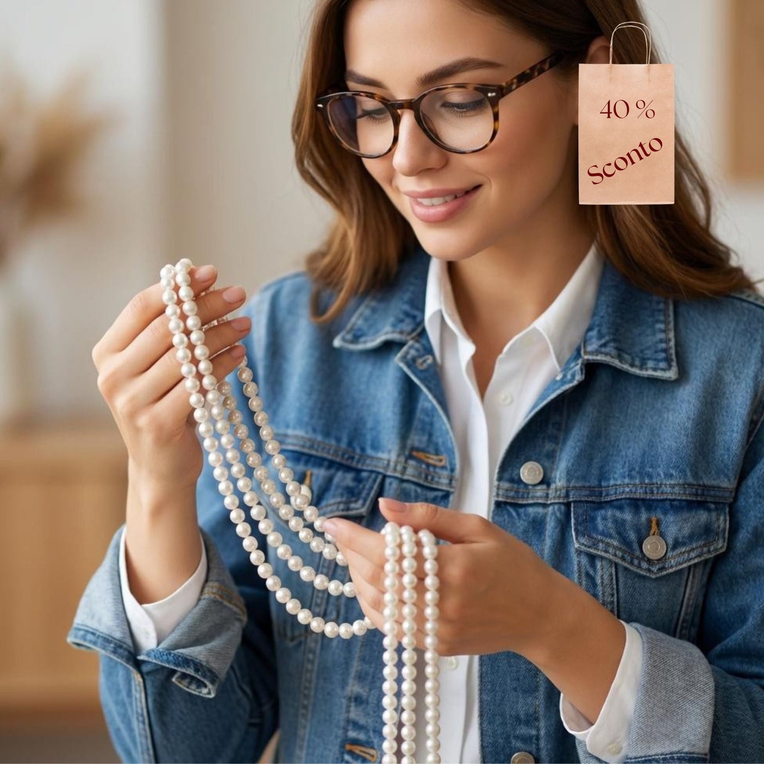 Ragazza che guarda la qualità delle perle elegance
