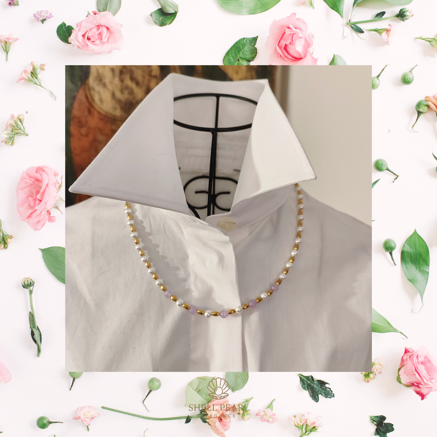 Collana Perle Elegance Bianche 55cm con Ametista Lavender e Acciaio Oro GA0031