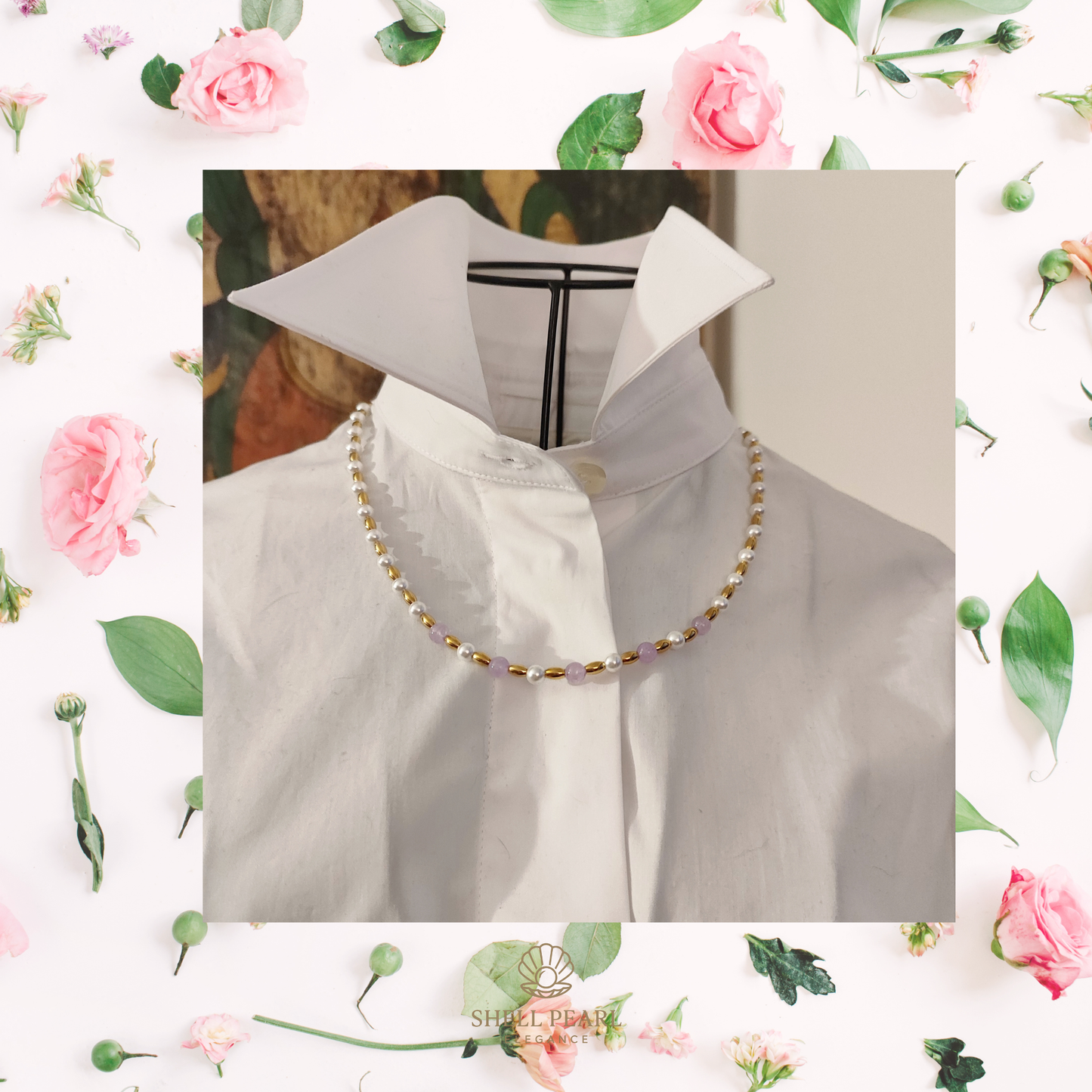 Collana Perle Elegance Bianche 55cm con Ametista Lavender e Acciaio Oro GA0031