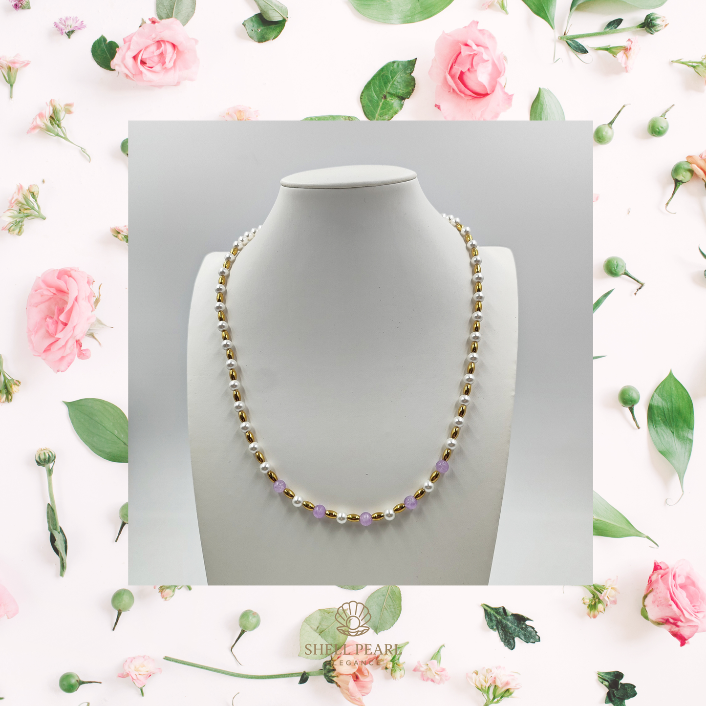 Collana Perle Elegance Bianche 55cm con Ametista Lavender e Acciaio Oro GA0031
