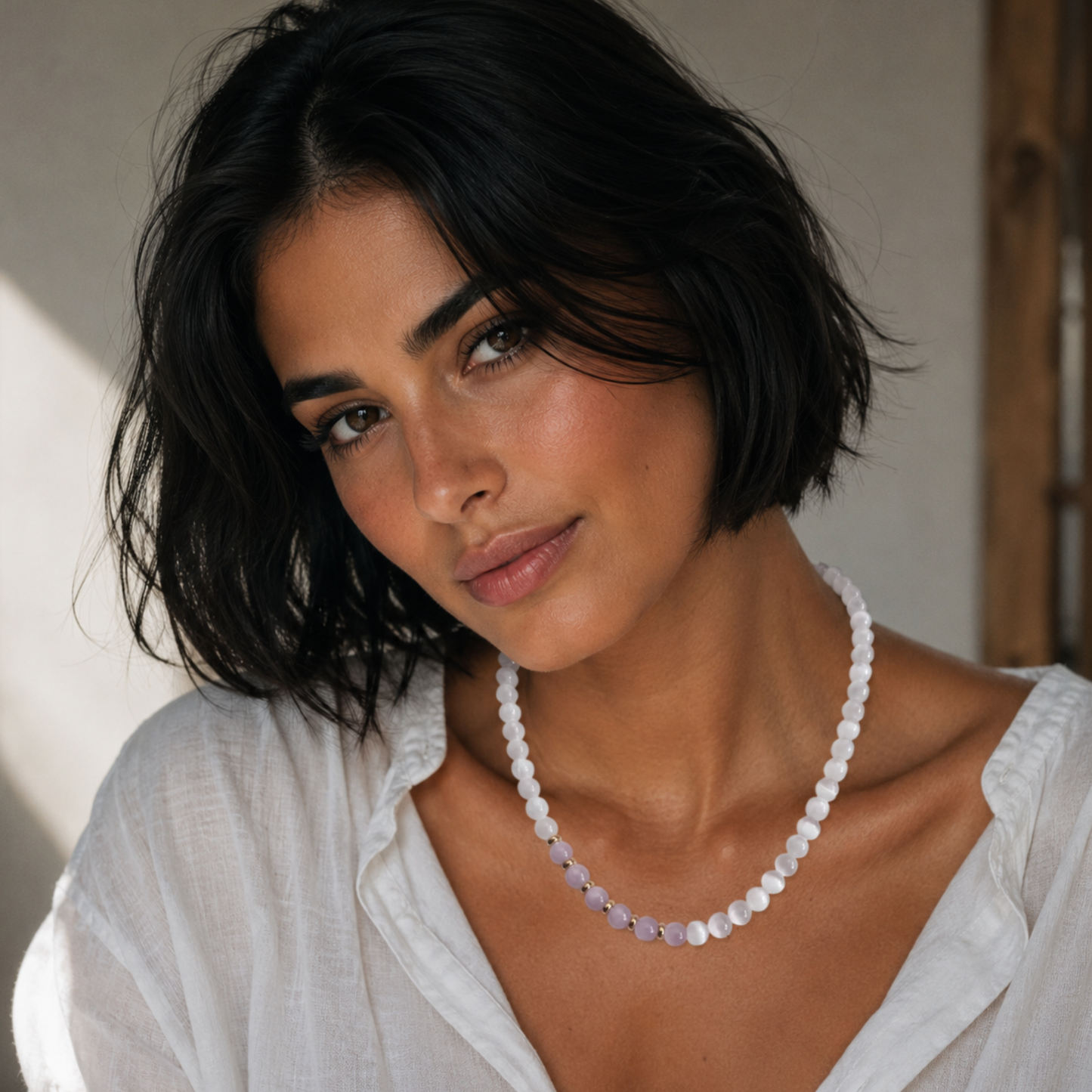collana elegante donna selenite bianca e auralite lilla 