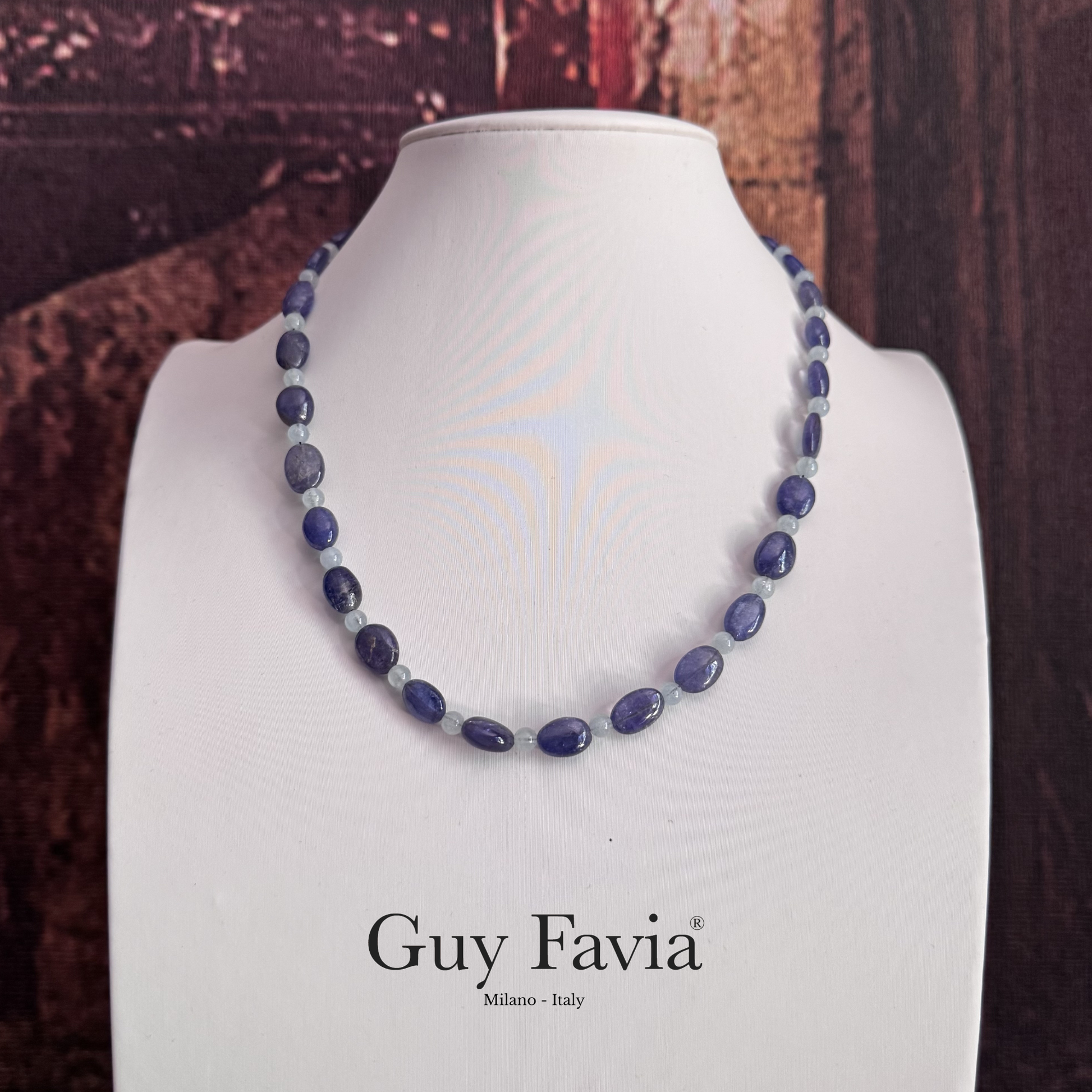 Girocollo tanzanite acquamarina naturale Guy Favia A0034 vista frontale 