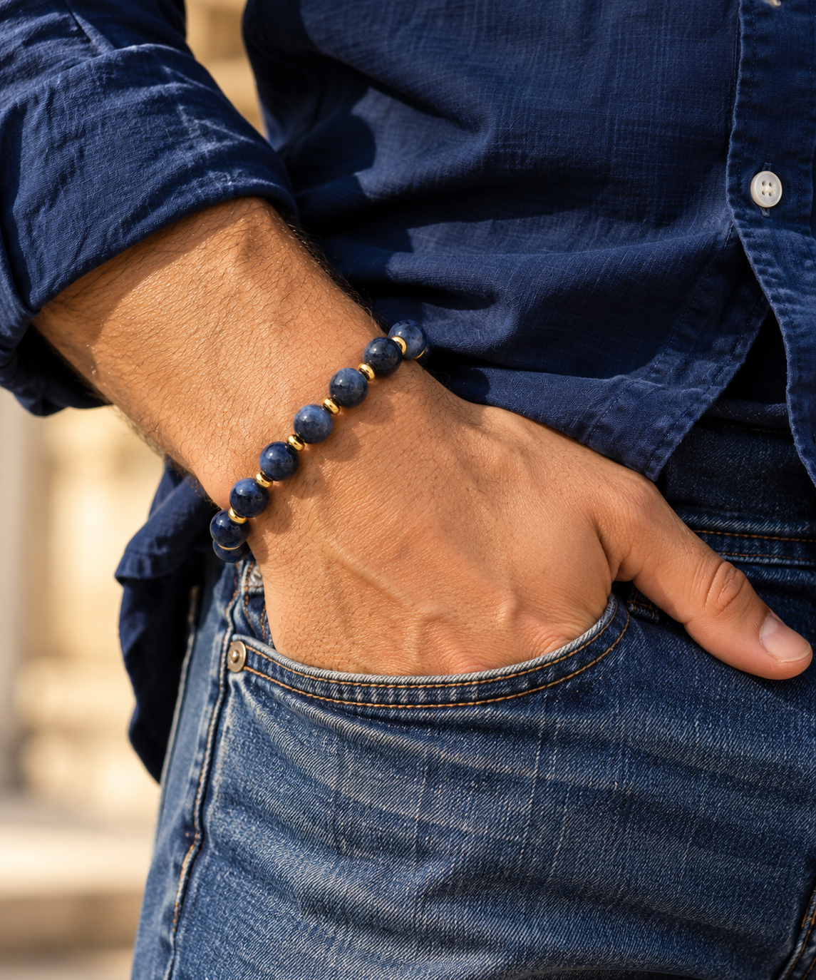 Bracciale Zaffiro Blu Grado A 8 mm CI0017 indossato al polso di modello 