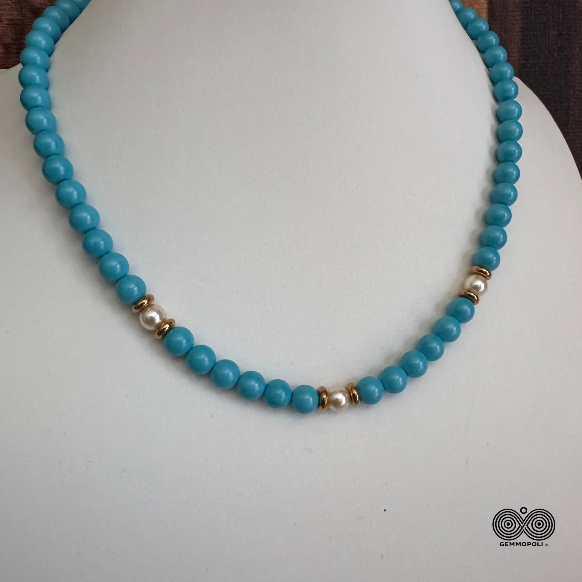 Collana donna Turchese con tre perle Bianche centrali 