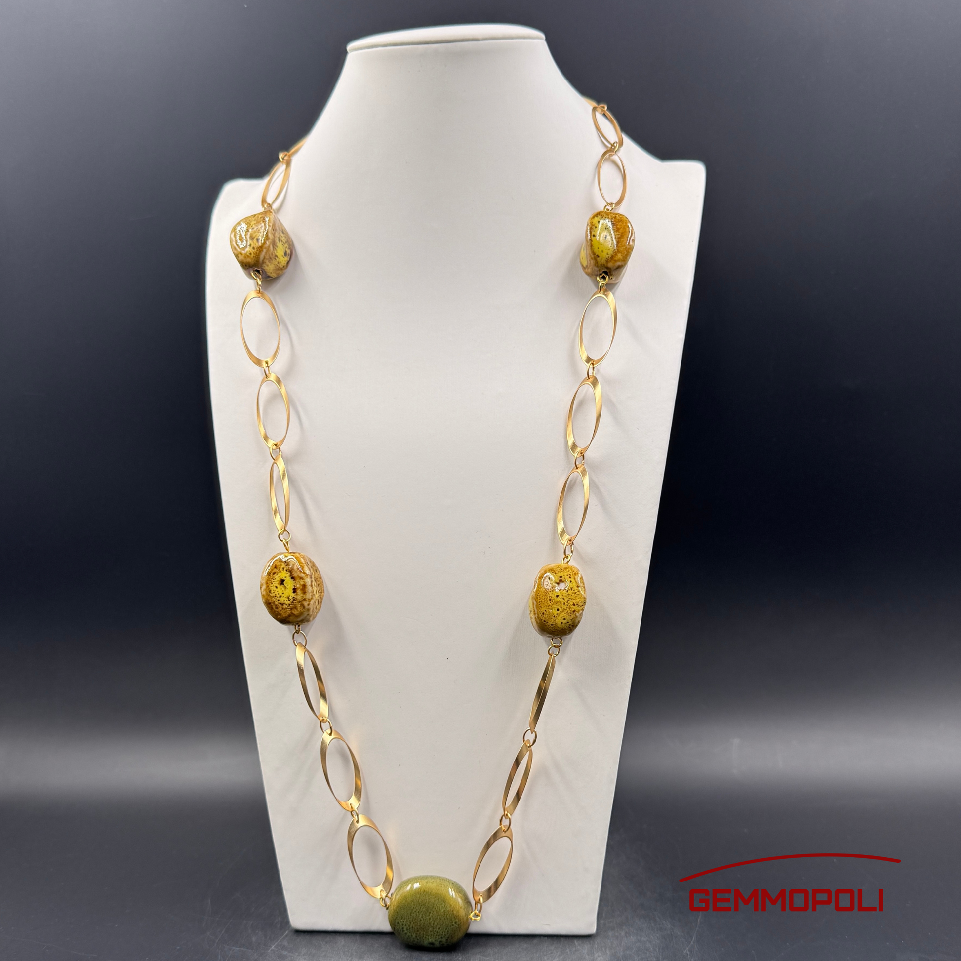 1.	Collana tipo Chanel in porcellana ocra e marrone con catena dorata 