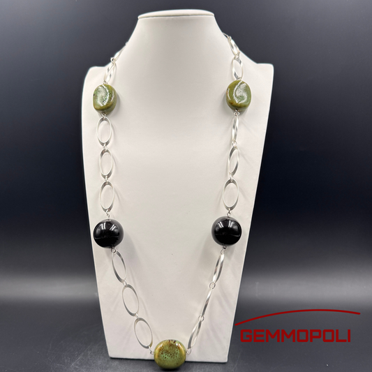 Collana tipo Chanel in porcellana verde e nera con catena argentata 