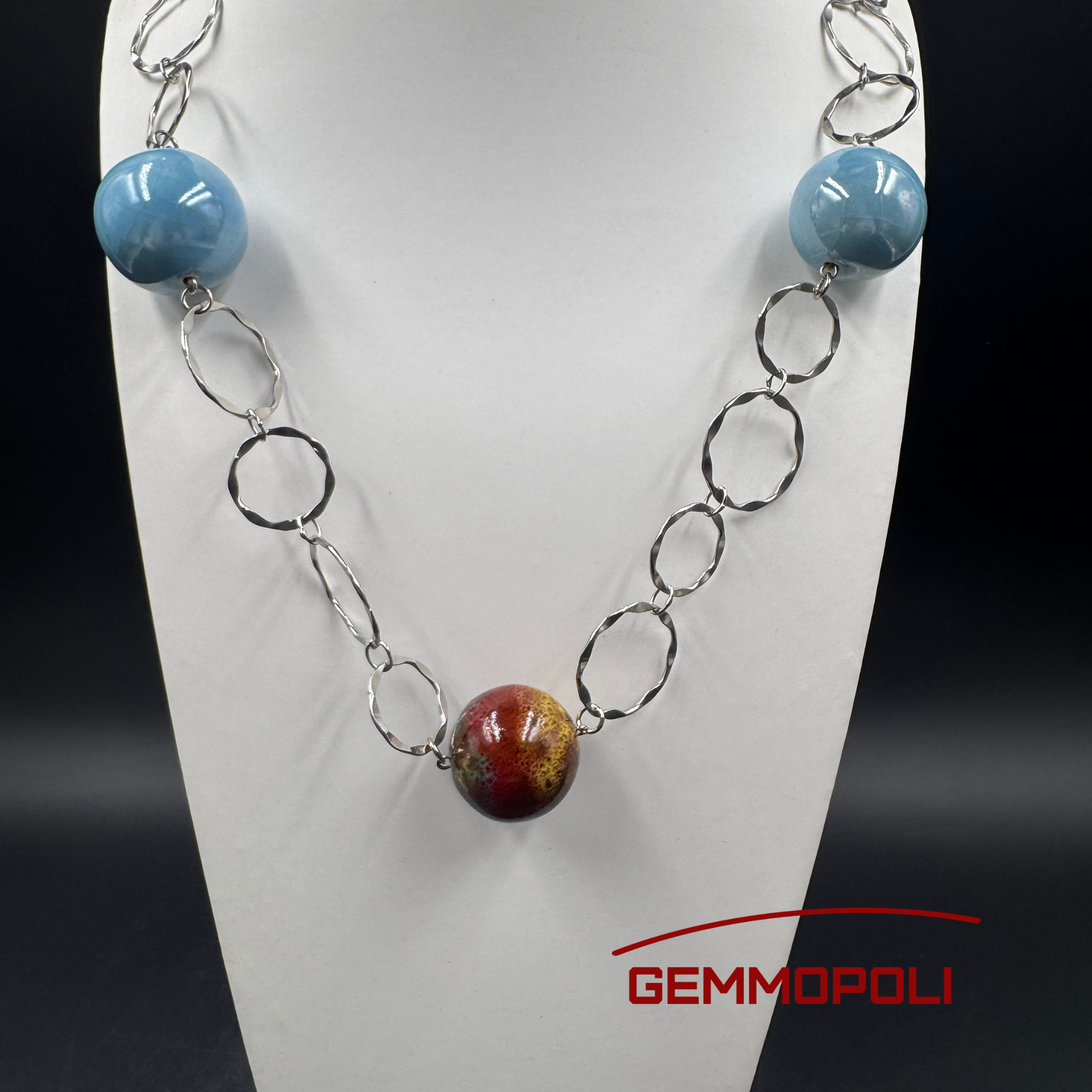 Collana Chanel style con porcellana azzurra e rossa sfumata oro 