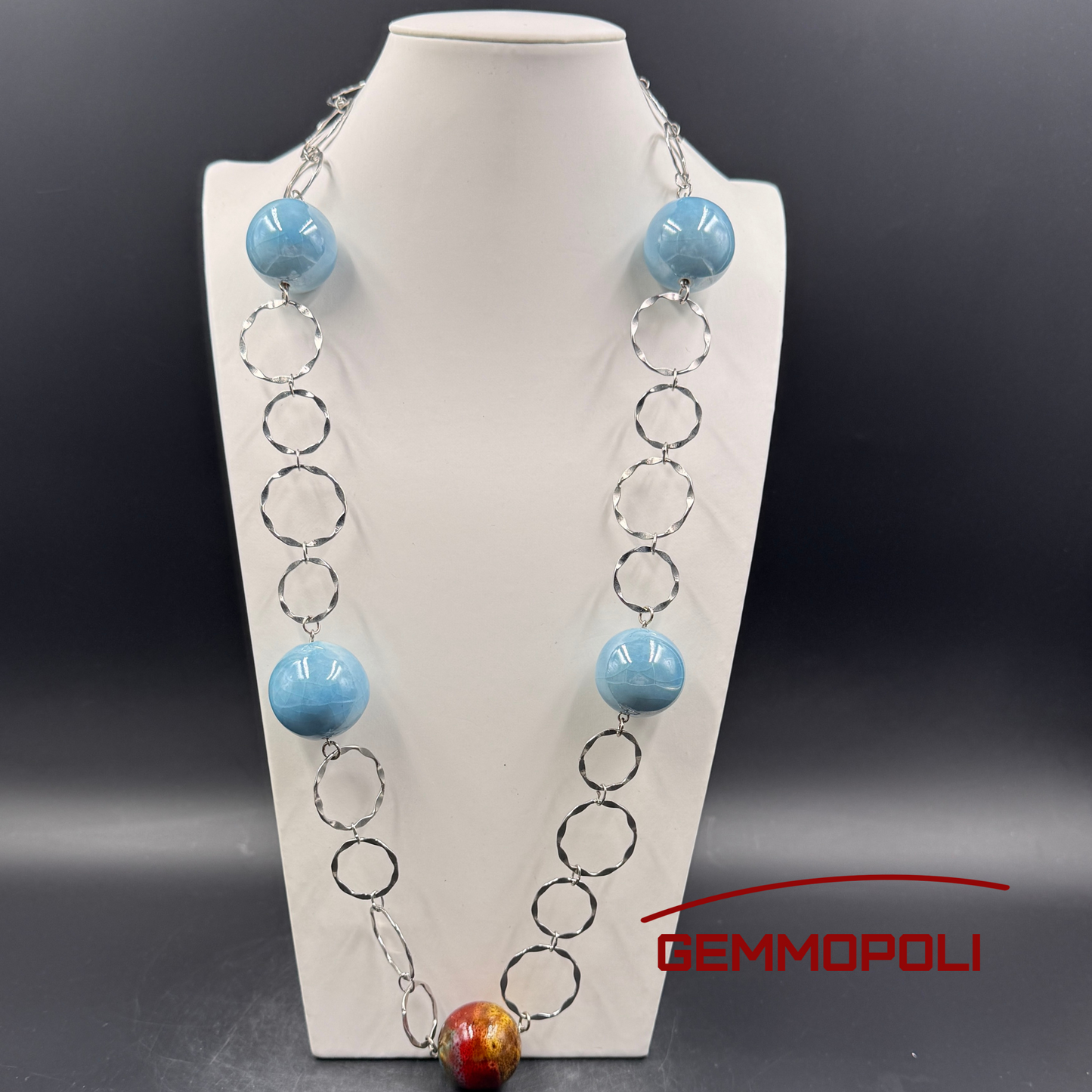 Collana tipo Chanel in porcellana azzurra e rossa con catena argentata 