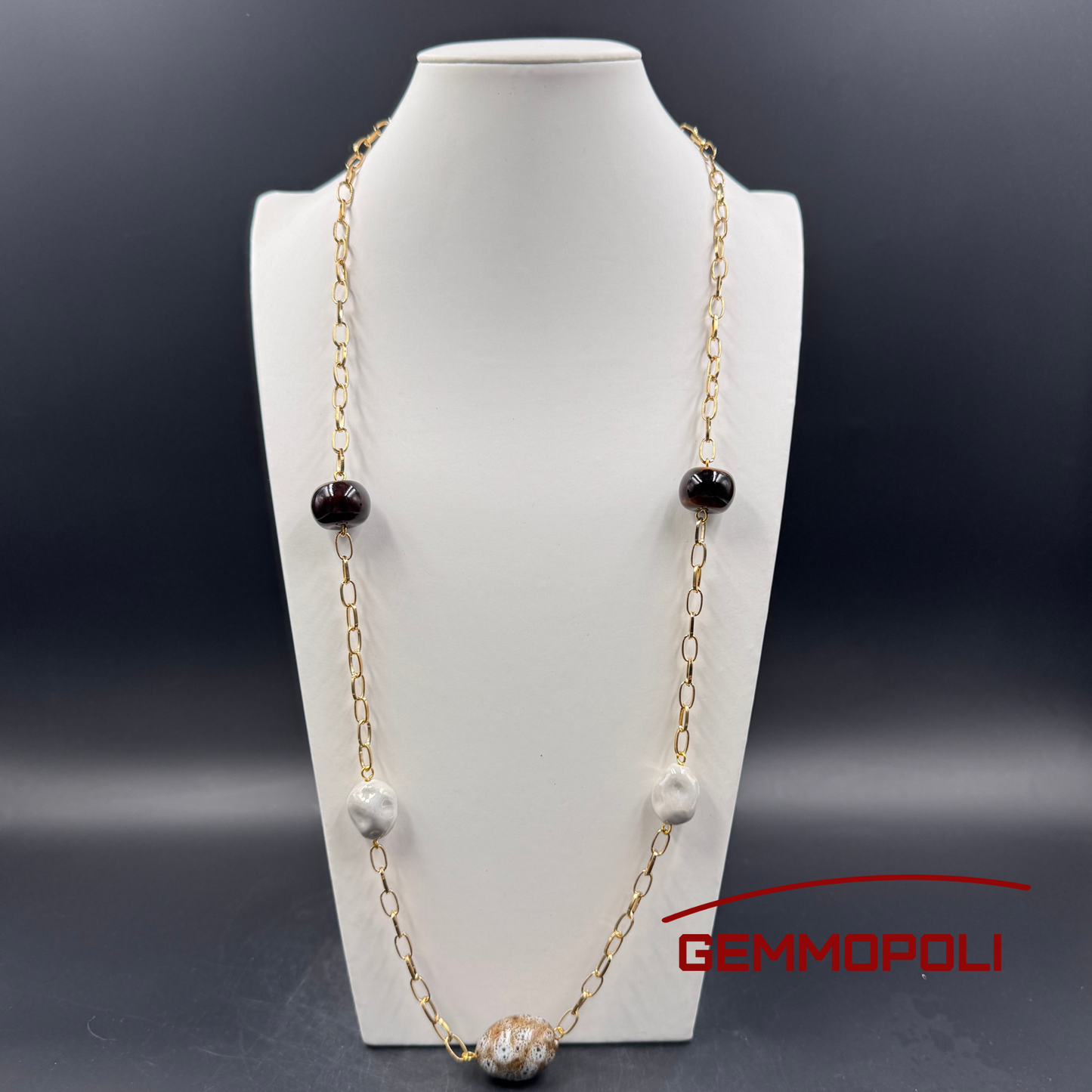 Collana tipo Chanel in porcellana bianca e marrone scuro con catena dorata – Gemmopoli GA0012