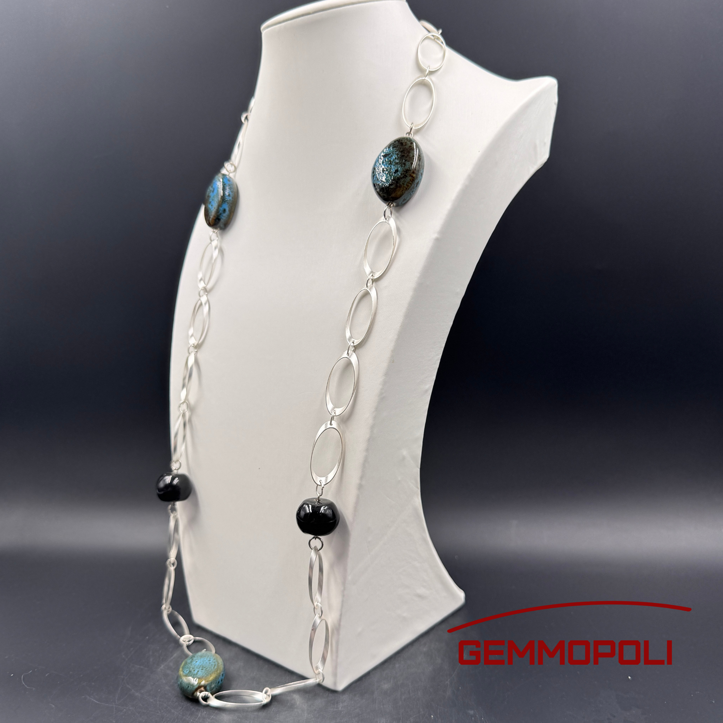 Collana lunga Chanel style con sfere in porcellana blu smaltata e nere – Gemmopoli