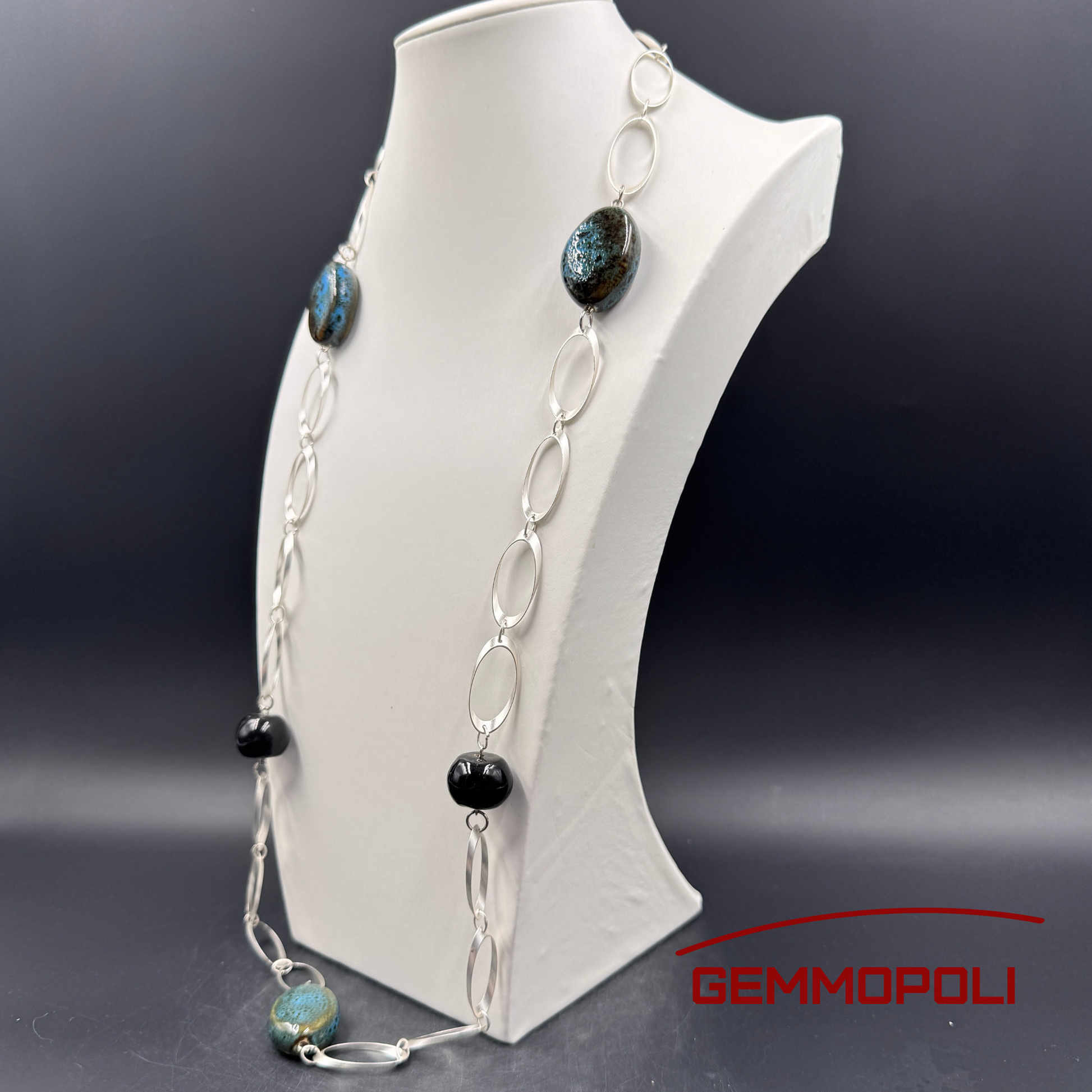 Collana lunga Chanel style con sfere in porcellana blu smaltata e nere – Gemmopoli