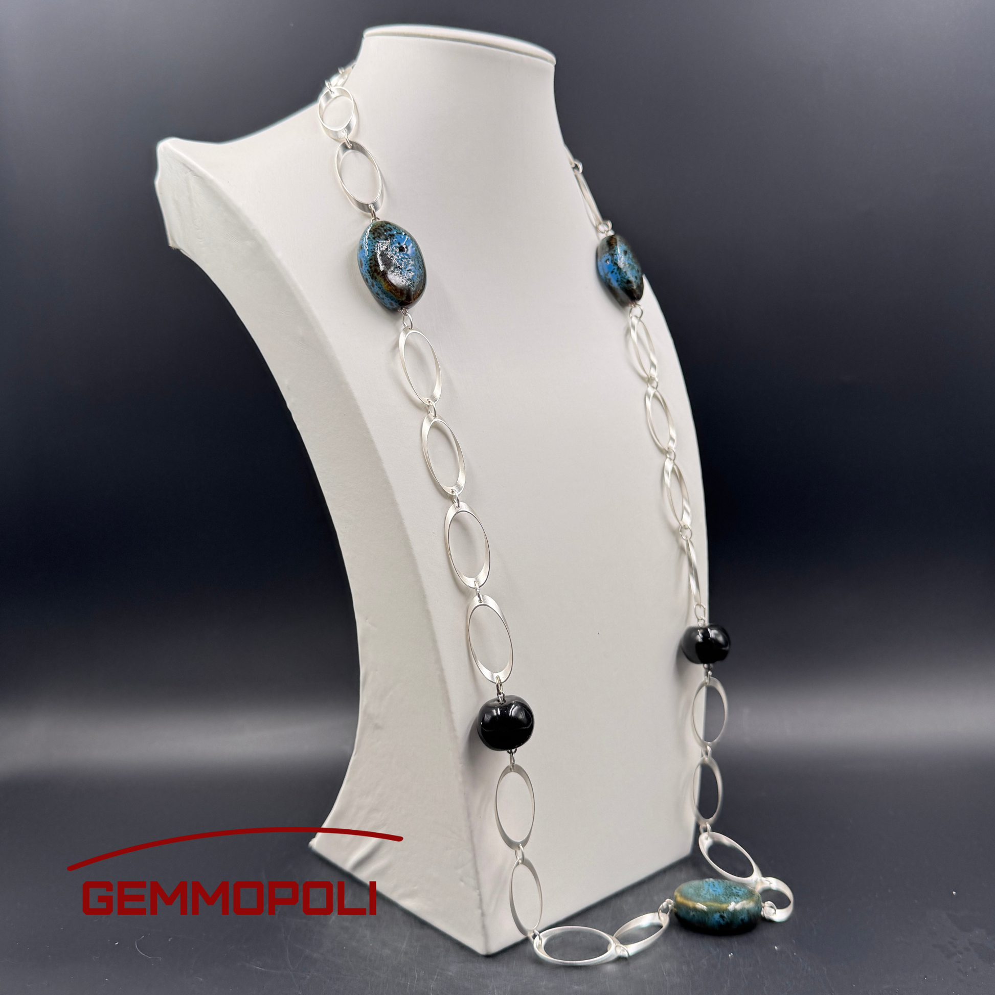 Collana tipo Chanel in porcellana blu e nera con catena argentata – Gemmopoli GA0014