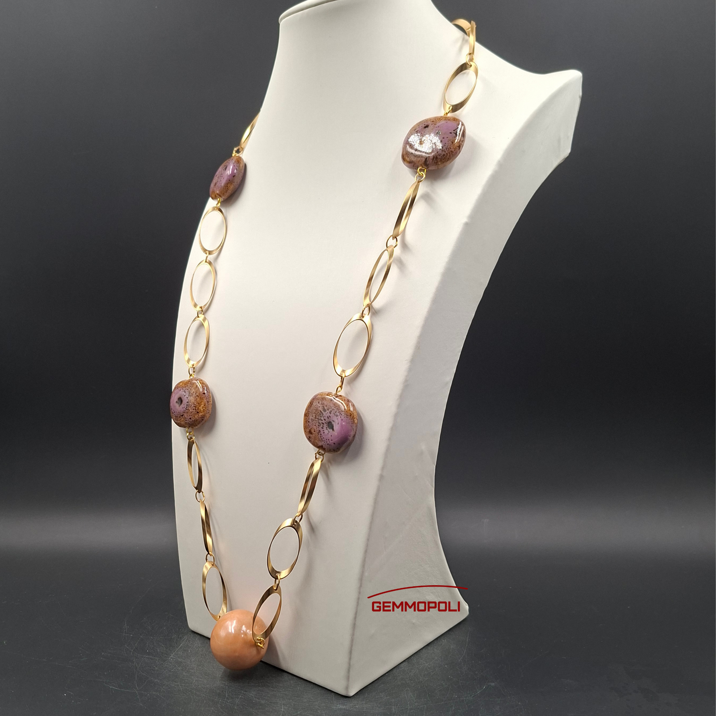 Collana lunga con sfere rosa-brunite e centrale rosa lucido – Gemmopoli GA0015