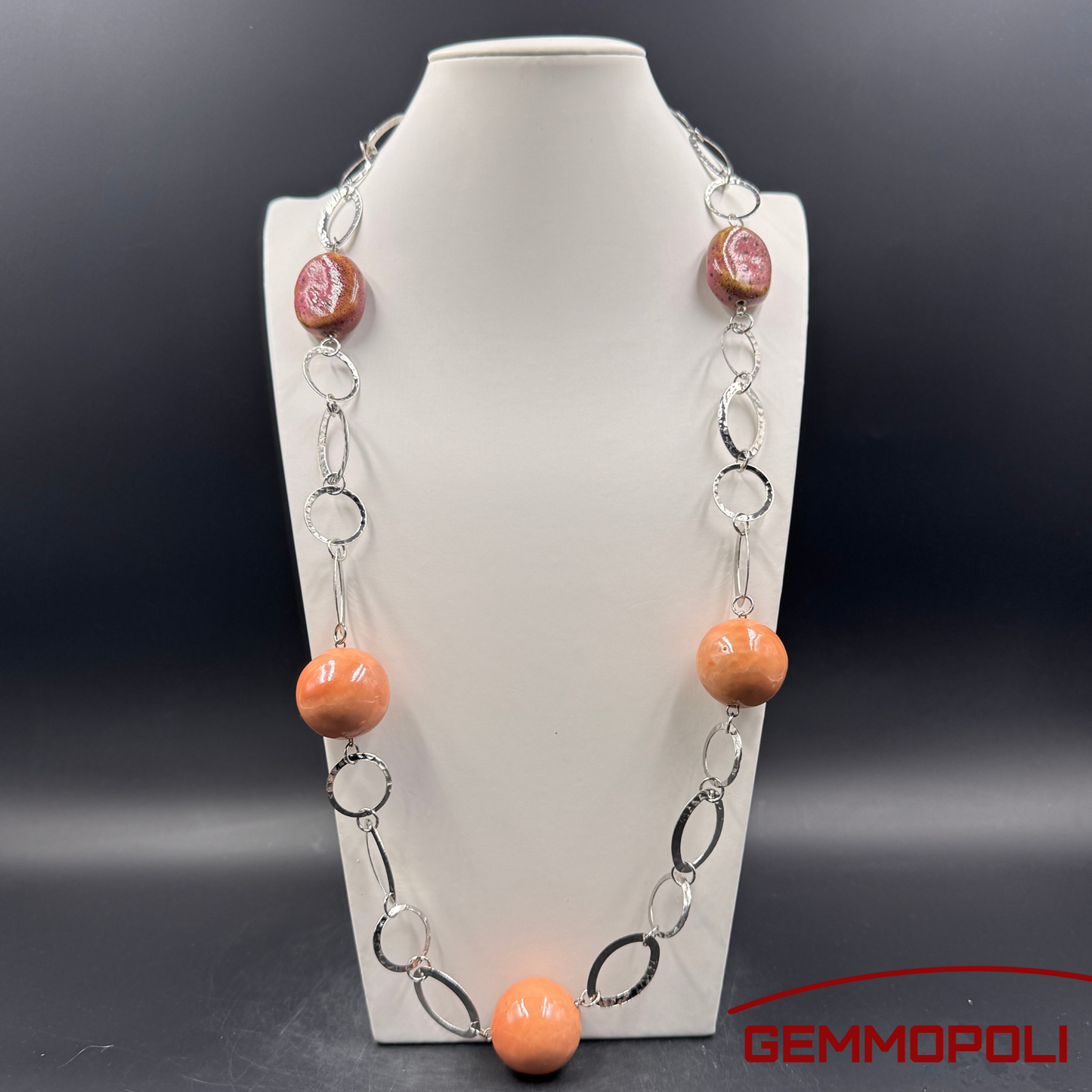 Collana tipo Chanel in porcellana rosa con catena argentata – Gemmopoli GA0016