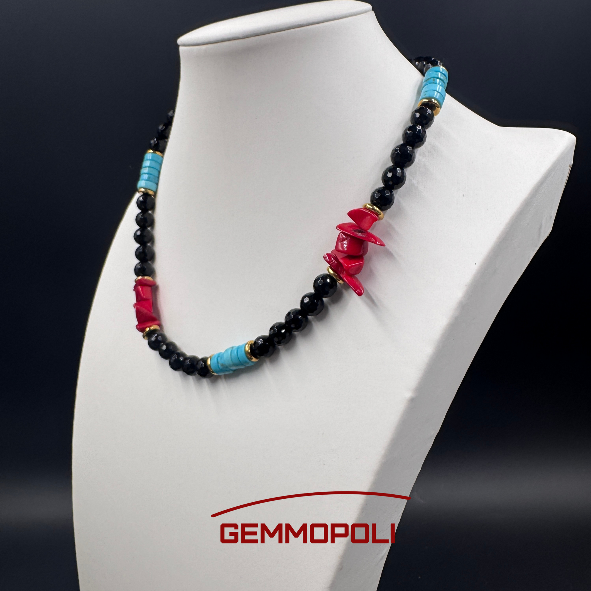 Collana elegante con turchese e onice nero sfaccettato 