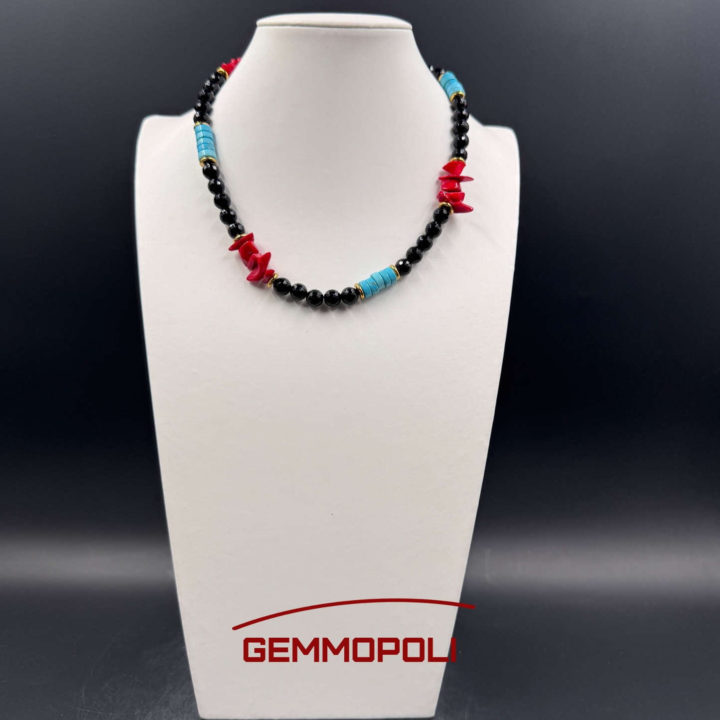 Collana in pietre naturali onice, corallo bamboo e turchese 