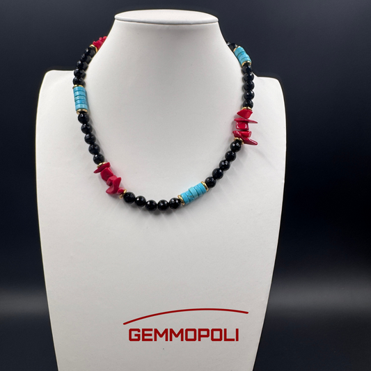 Collana in onice nero sfaccettato, corallo bamboo e turchese 