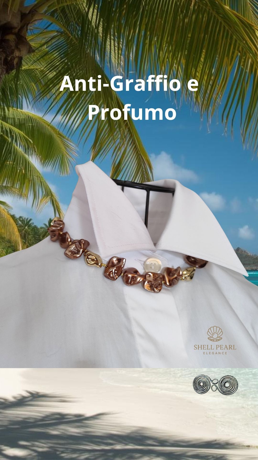 Composizione artistica perle di conchiglia marroni e oro per catalogo. Verticale per social