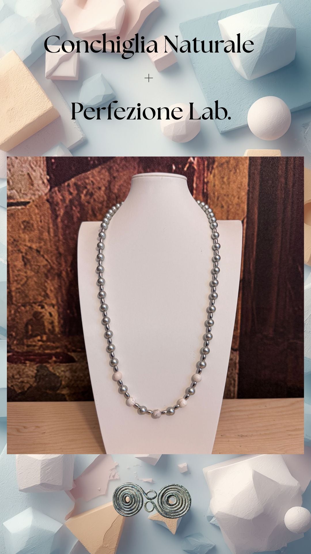 Collana perle di conchiglia grigie e pietre di howlite bianca GA0032 verticale per i social