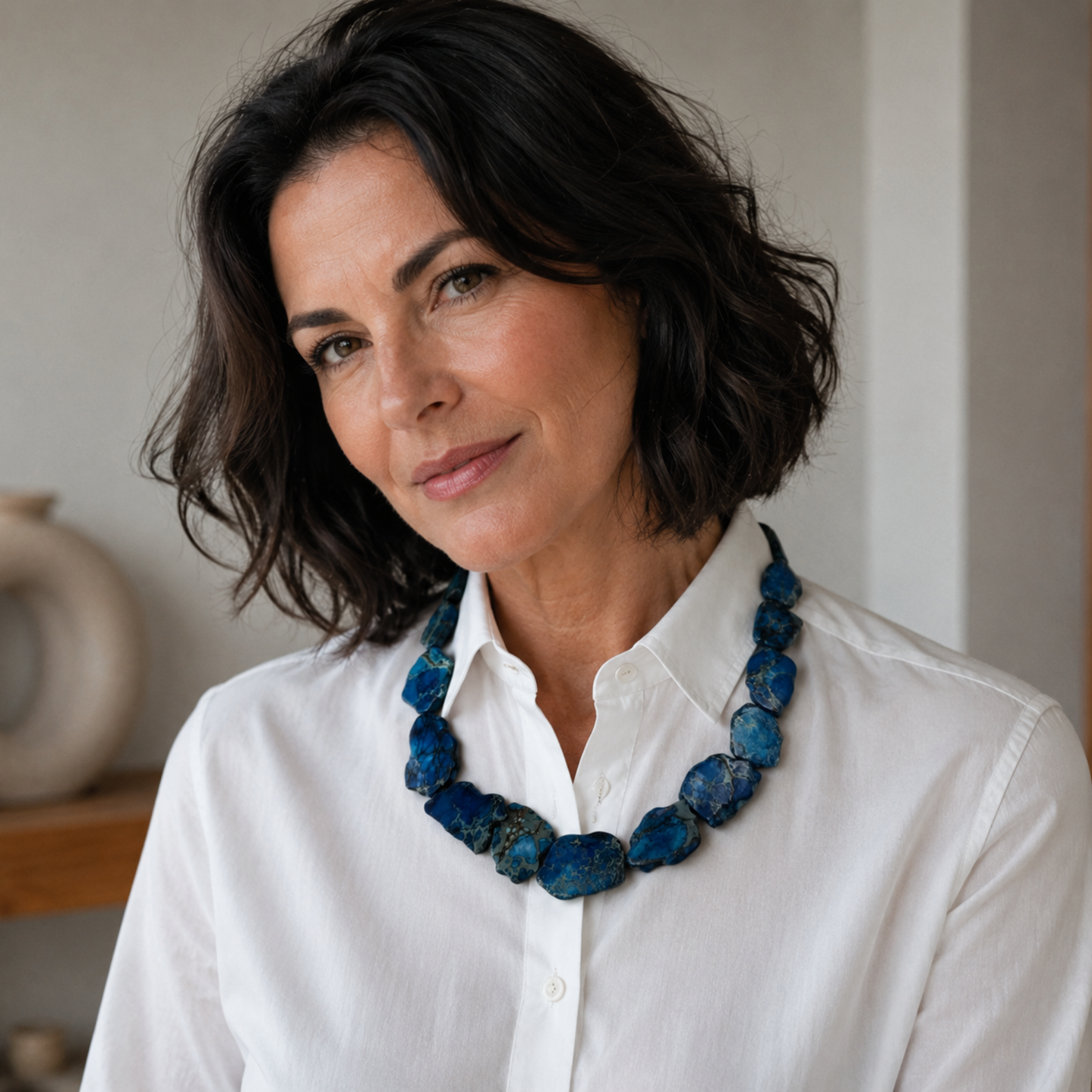 Look elegante con collana Diaspro Imperiale Blu e acciaio inox 316 