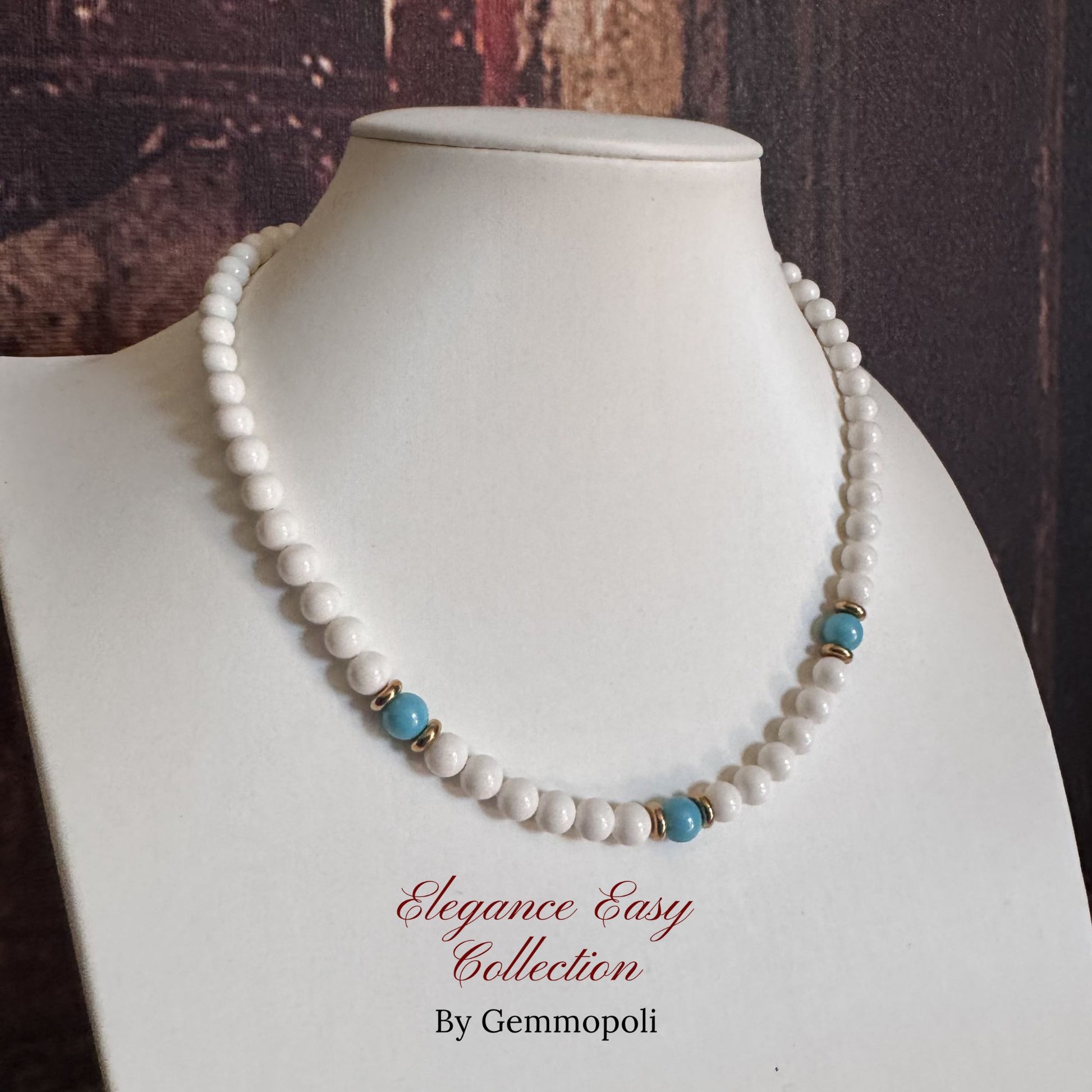 Collana Elegance Easy bianca con 3 perle centrali turchese acciaio gold 