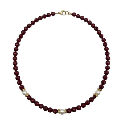 Collana Gemmopoli GA0054 Madreperla Bordeaux 6 mm con Tre Perle Bianche 