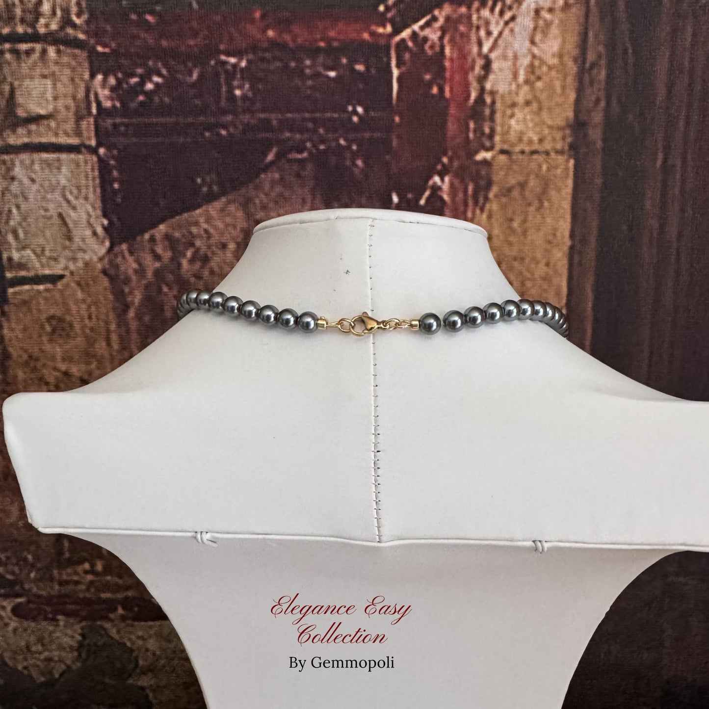 Chiusura collana Elegance Easy grigia con 3 perle centrali nere acciaio gold 