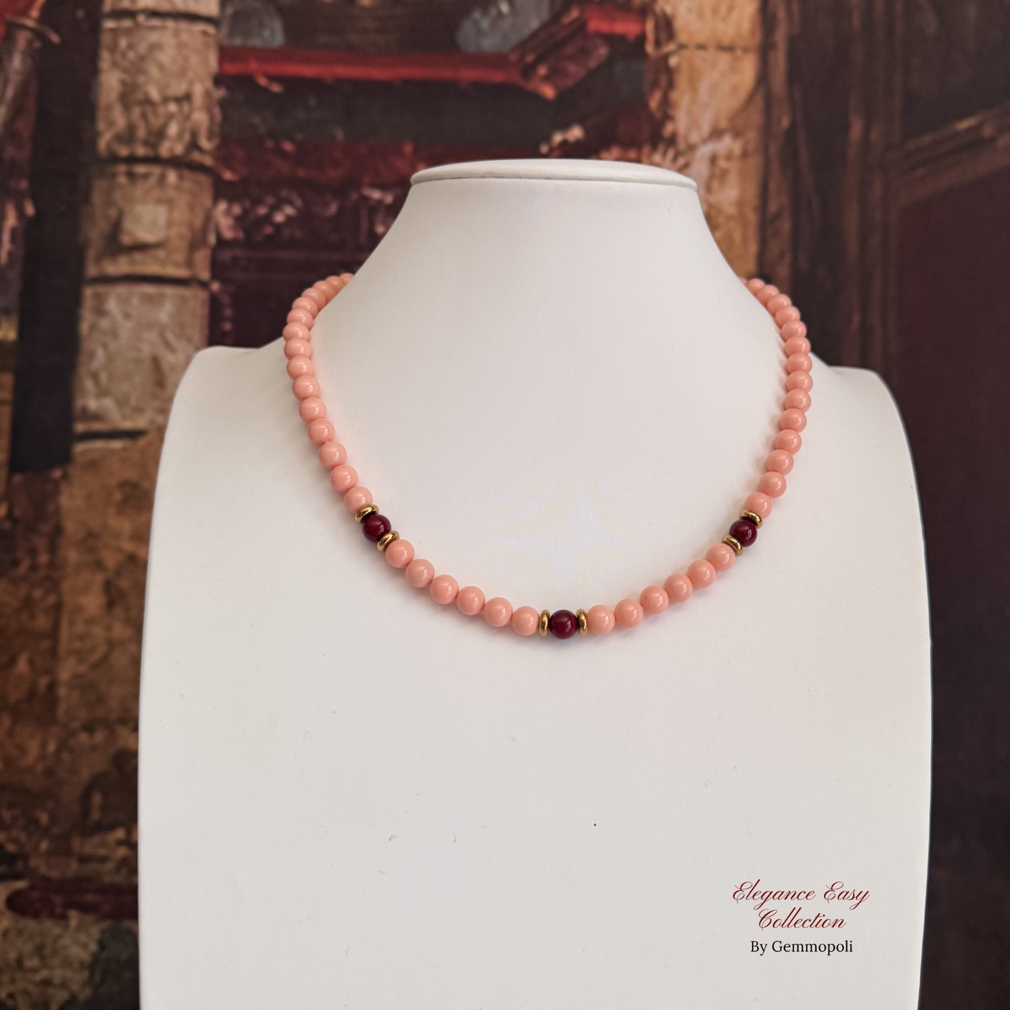 Collana Elegance Easy rosa con 3 perle centrali bordeaux 6 mm acciaio gold 