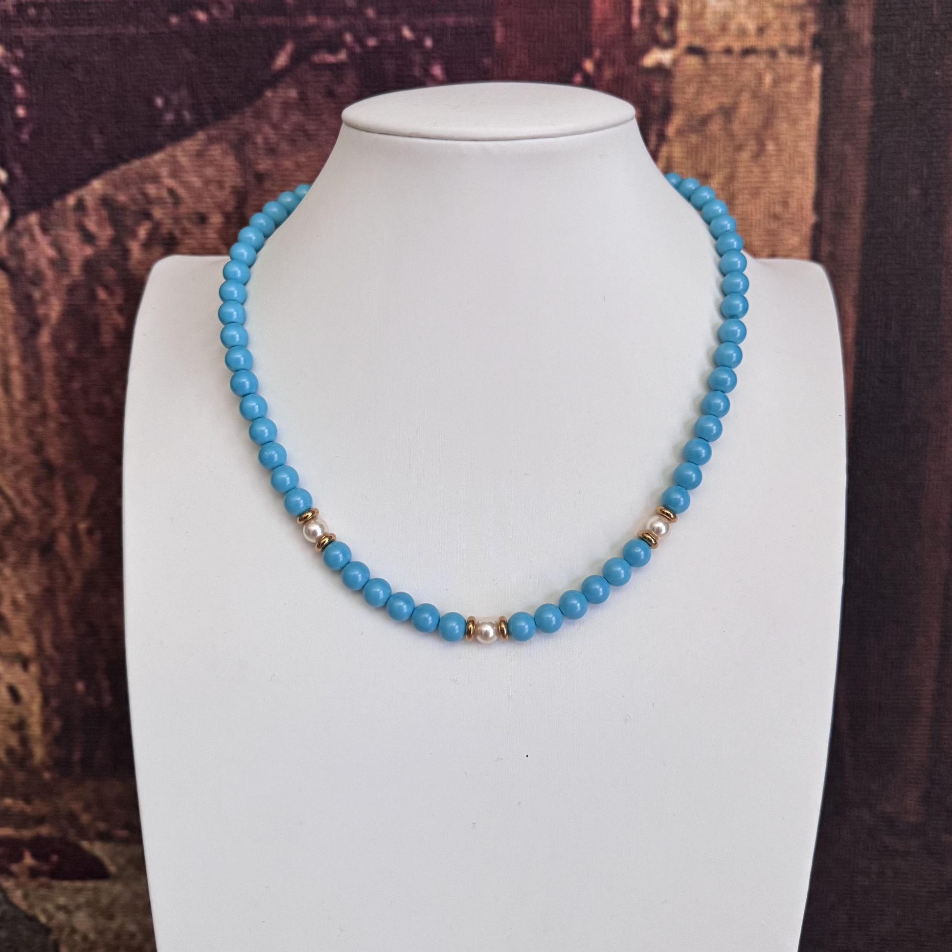 Collana Elegance Easy turchese 6 mm con perle bianche acciaio gold 