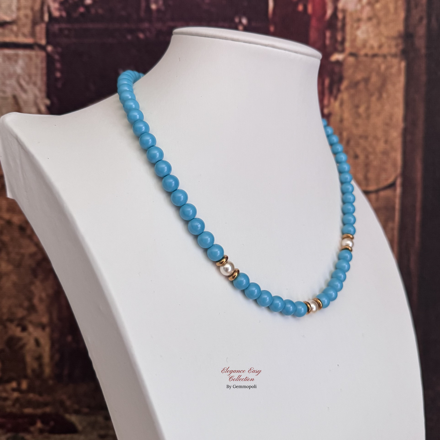 Girocollo turchese perle elegance 6 mm con dettagli bianchi e oro 
