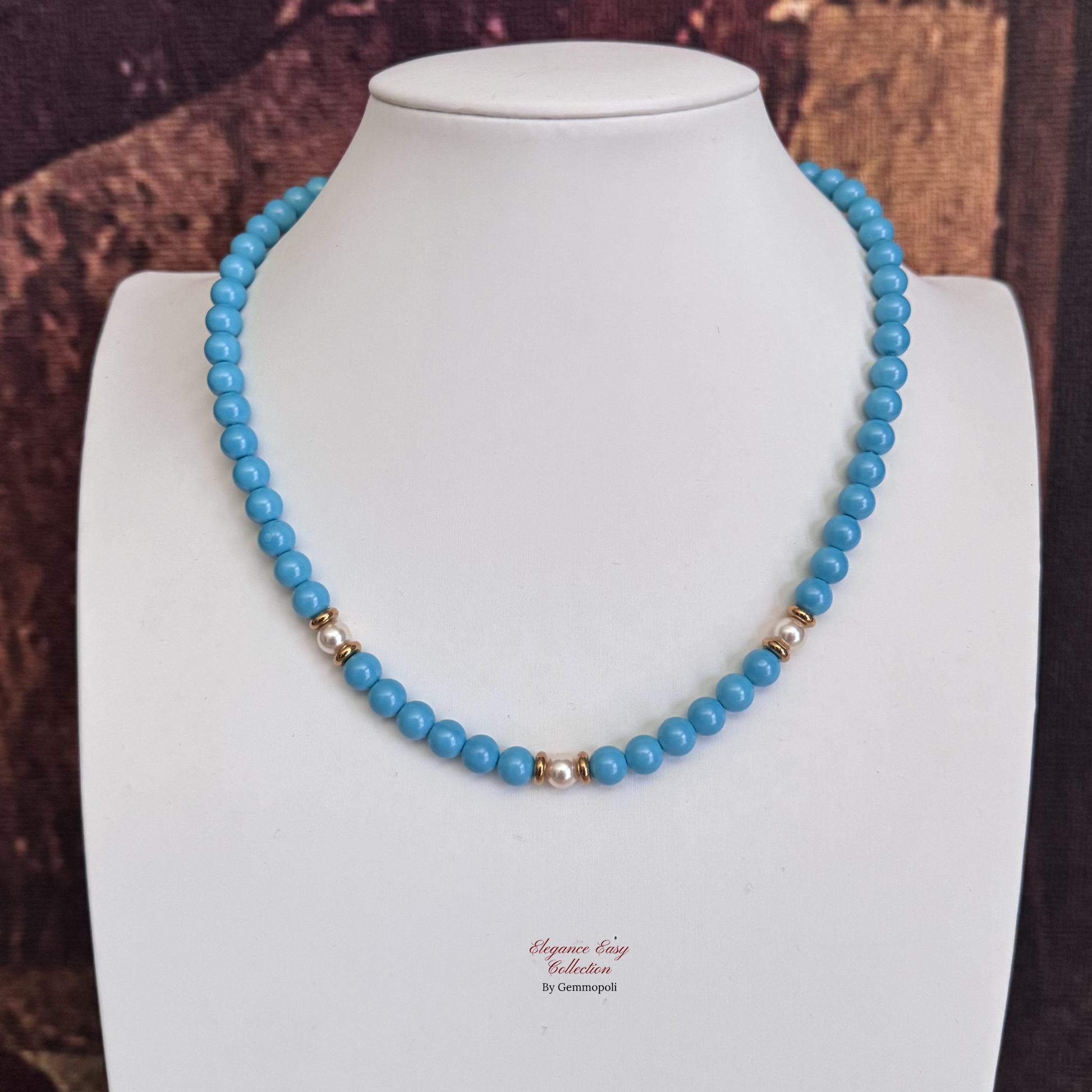 Collana donna turchese 6 mm elegante con inserti bianchi 