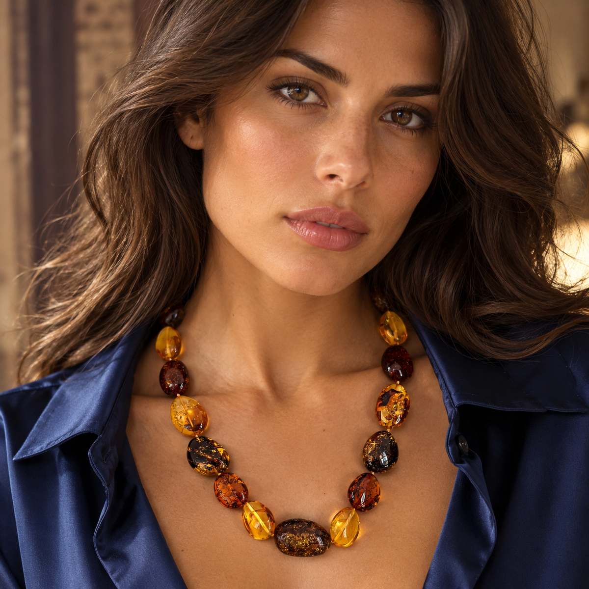 Collana Punto Gemme Ambra Baltica 55 cm GB0004 indossata da modella