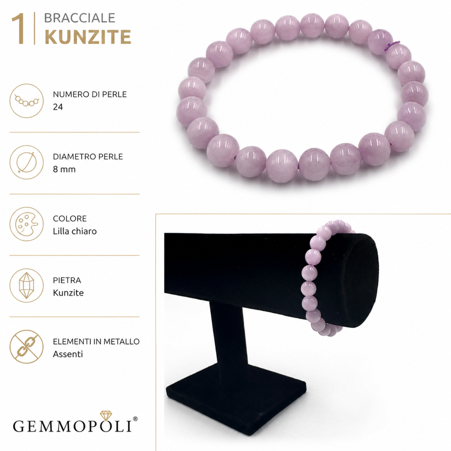 Bracciale Kunzite pietra naturale sfere lisce 8 mm 