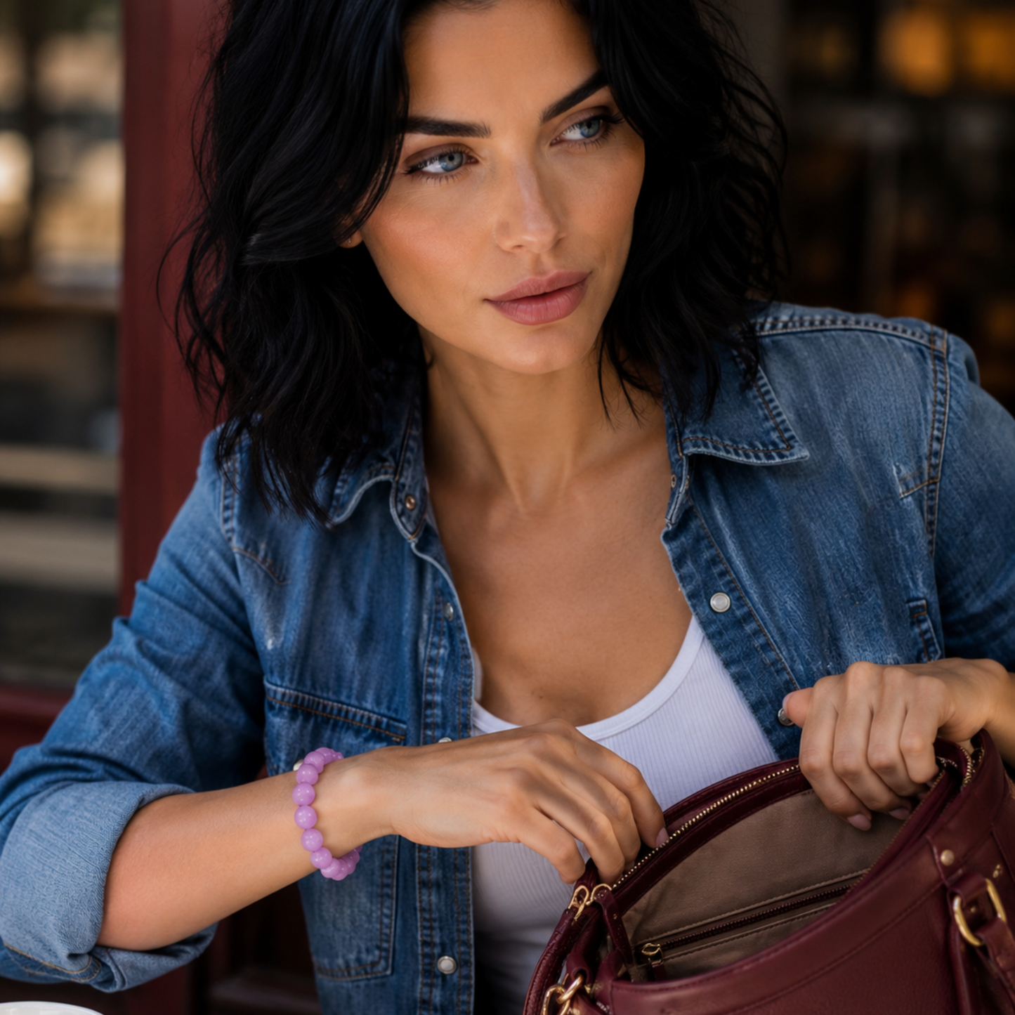 Modella indossa bracciale Kunzite naturale 8 mm 