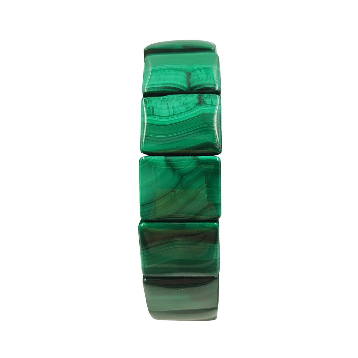 Bracciale elastico rettangolare in malachite naturale vista frontale su fondo bianco, per Google