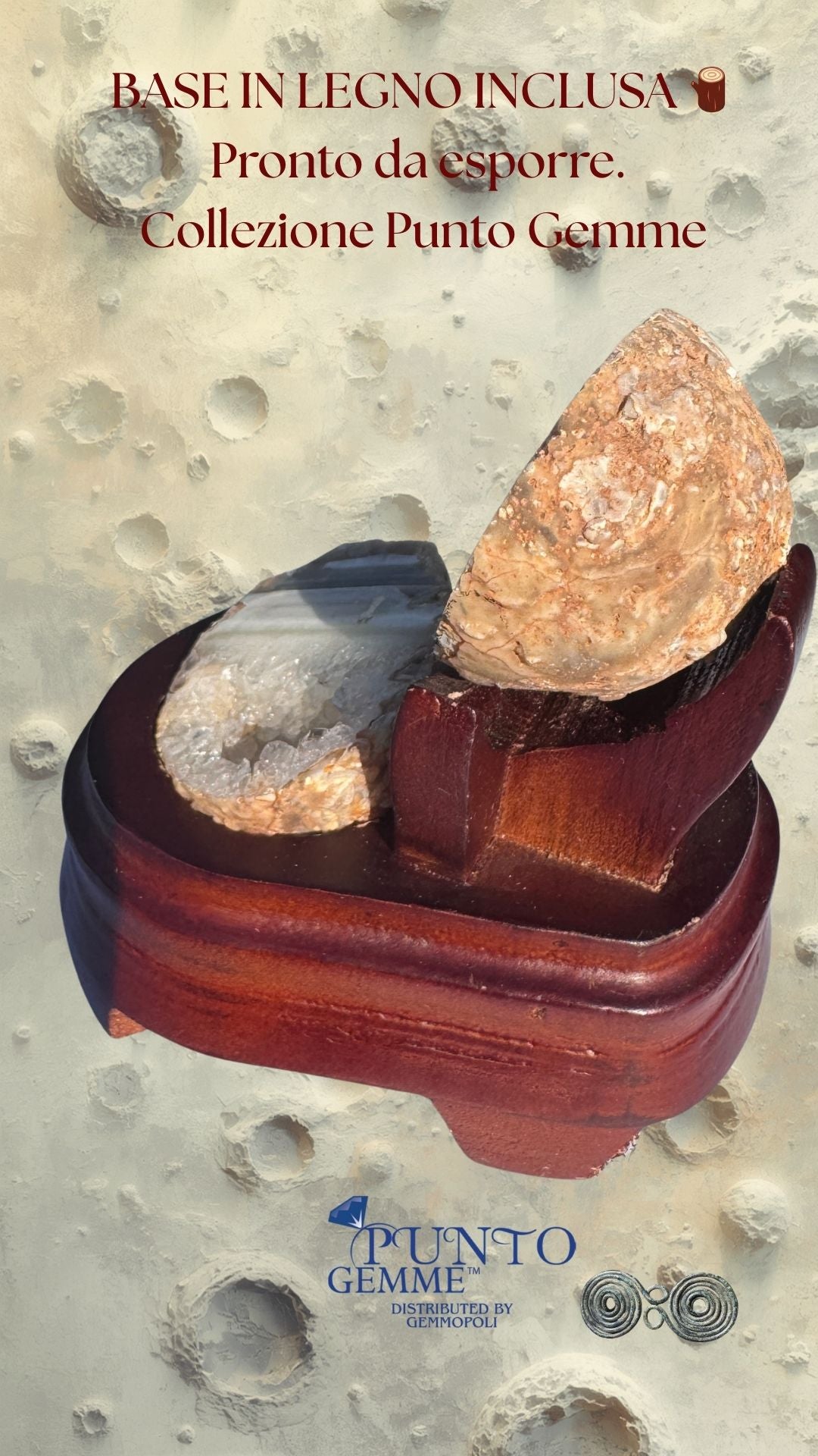 Coppia di geodi di agata striata con base in legno per protezione casa