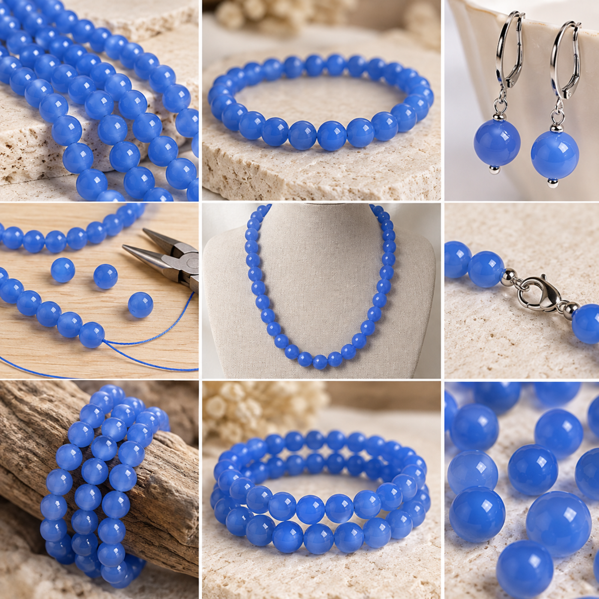esempi di lavorazione del filo di Calcedonio Blu naturale 6 mm per creazione gioielli PE0409 