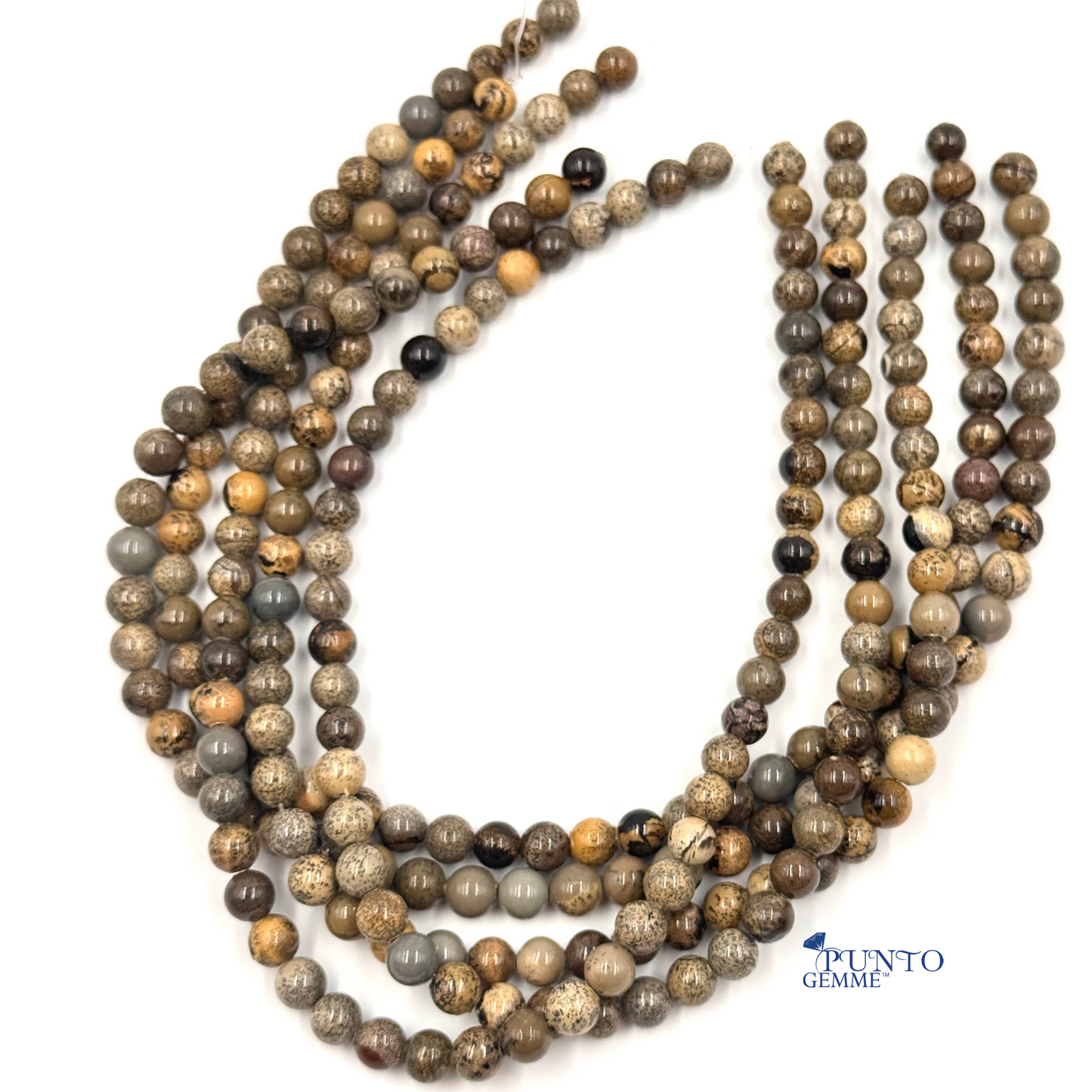 Diaspro Artic perle tonde lisce 8mm, primo piano su venature grigie e beige.