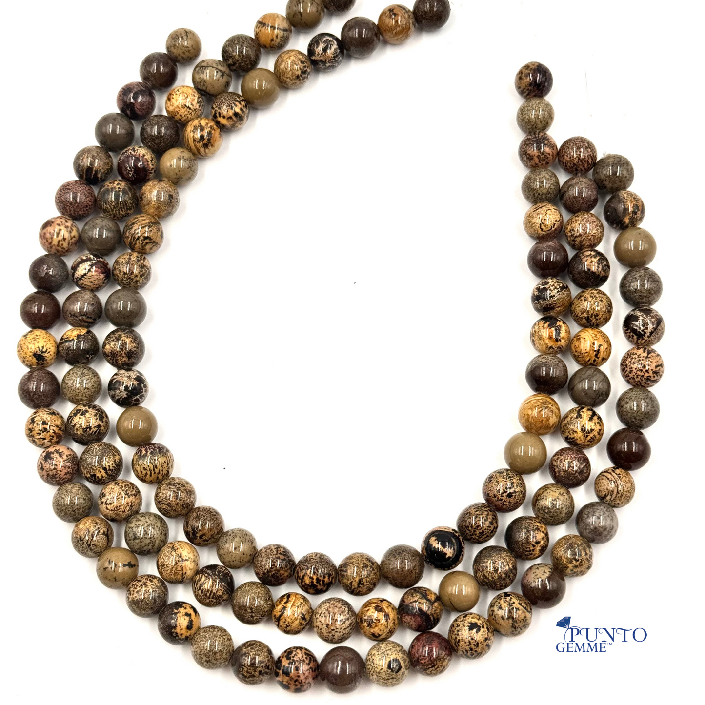 Diaspro Artic perle tonde lisce 10mm, primo piano su venature grigie e beige.