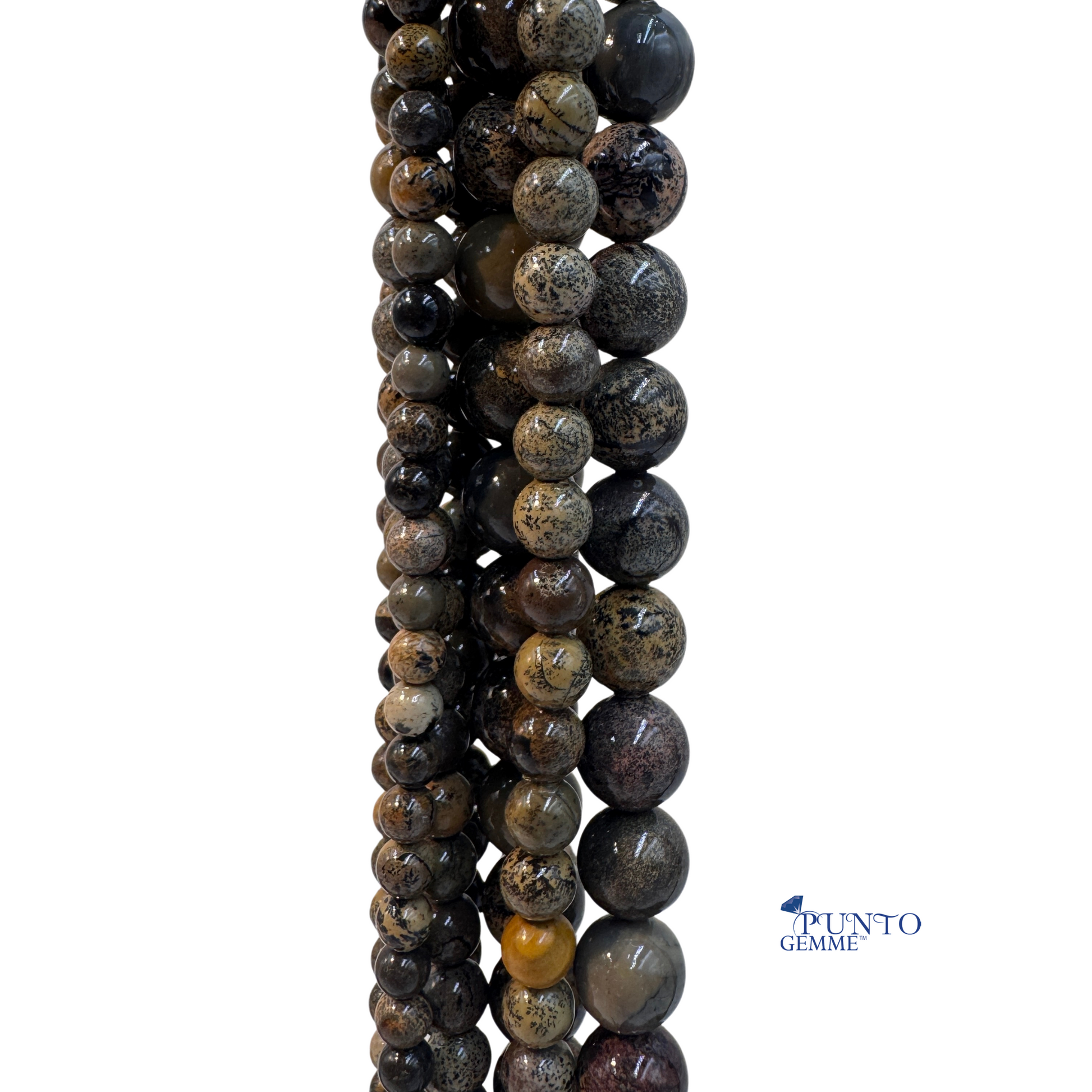 Diaspro Artic perle tonde lisce 12mm, primo piano su venature grigie e beige.