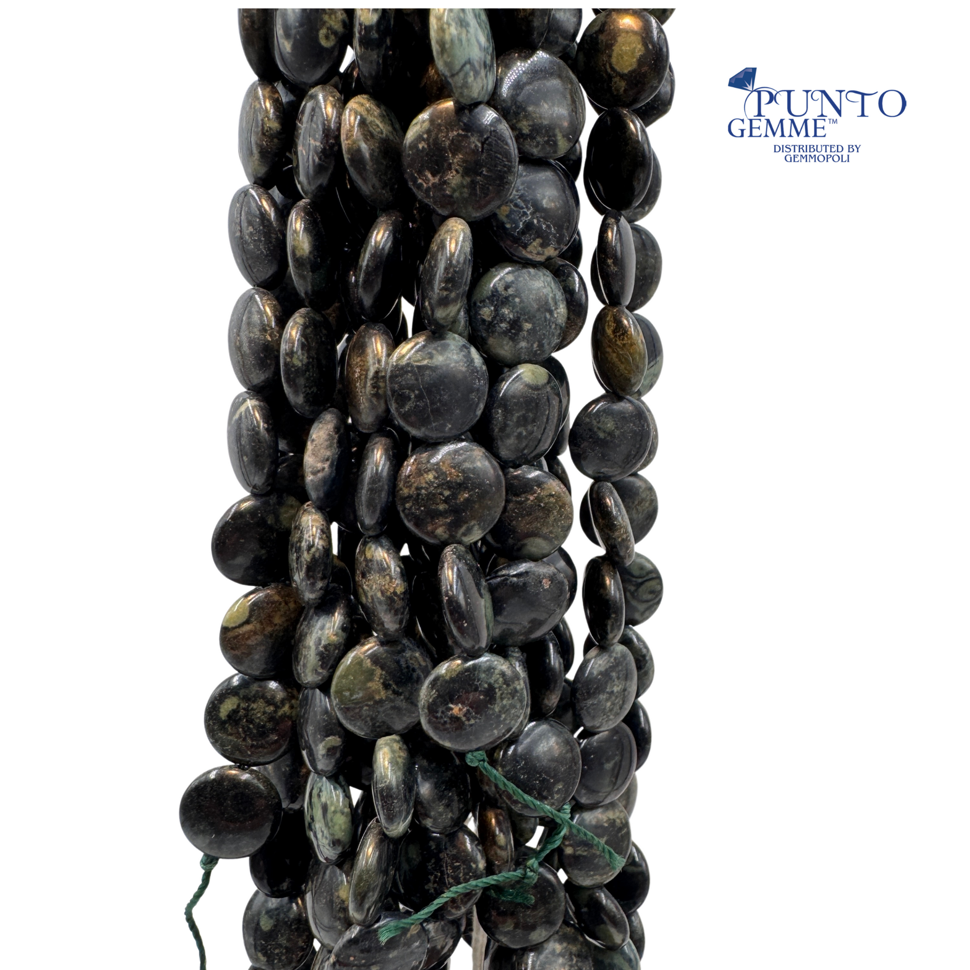 Filo completo di perle in Diaspro Kambaba, tondo piatto, finitura liscia.