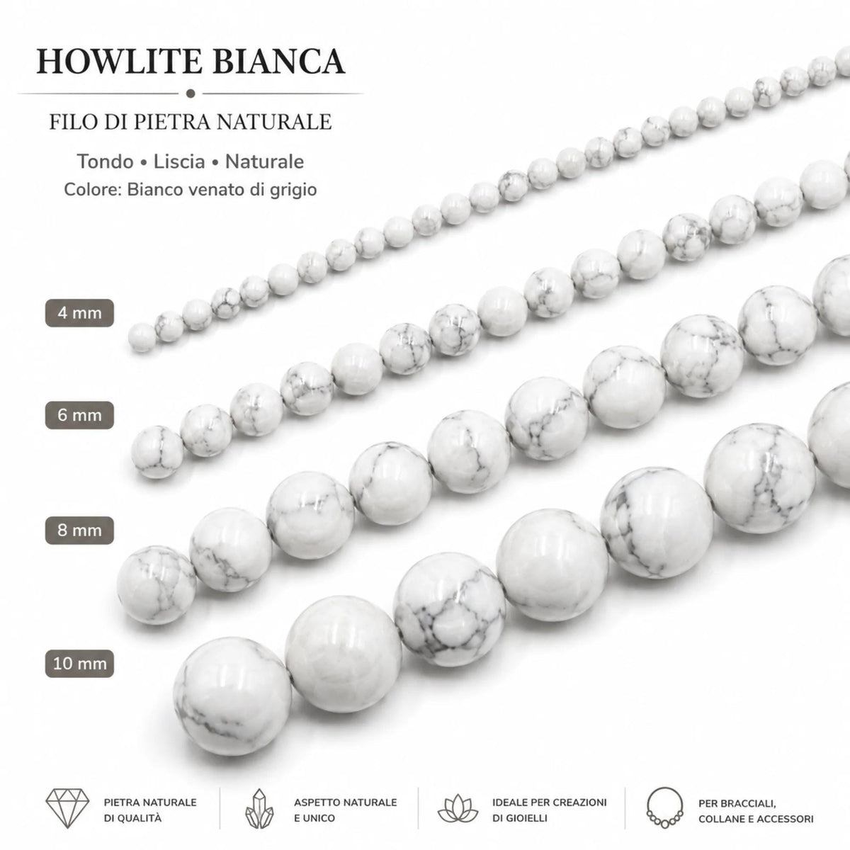 Filo Howlite Bianca Naturale Bigiotteria 4 6 8 10 mm Gemmopoli - PE0420 - foto 3