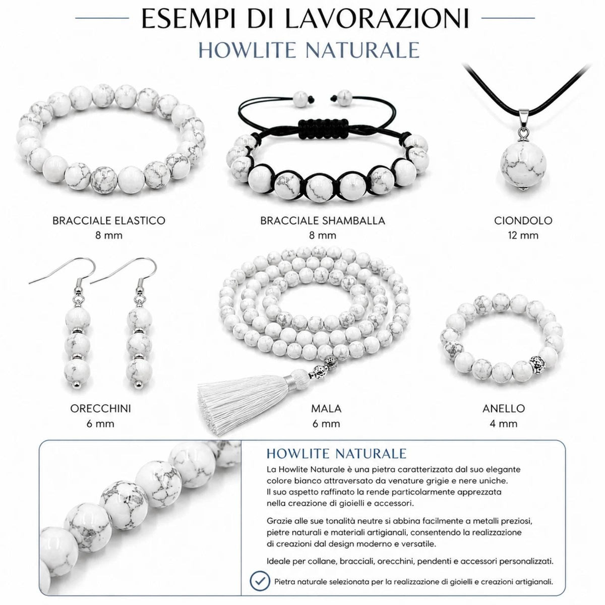 Filo Howlite Bianca Naturale Bigiotteria 4 6 8 10 mm Gemmopoli - PE0420 - foto 2